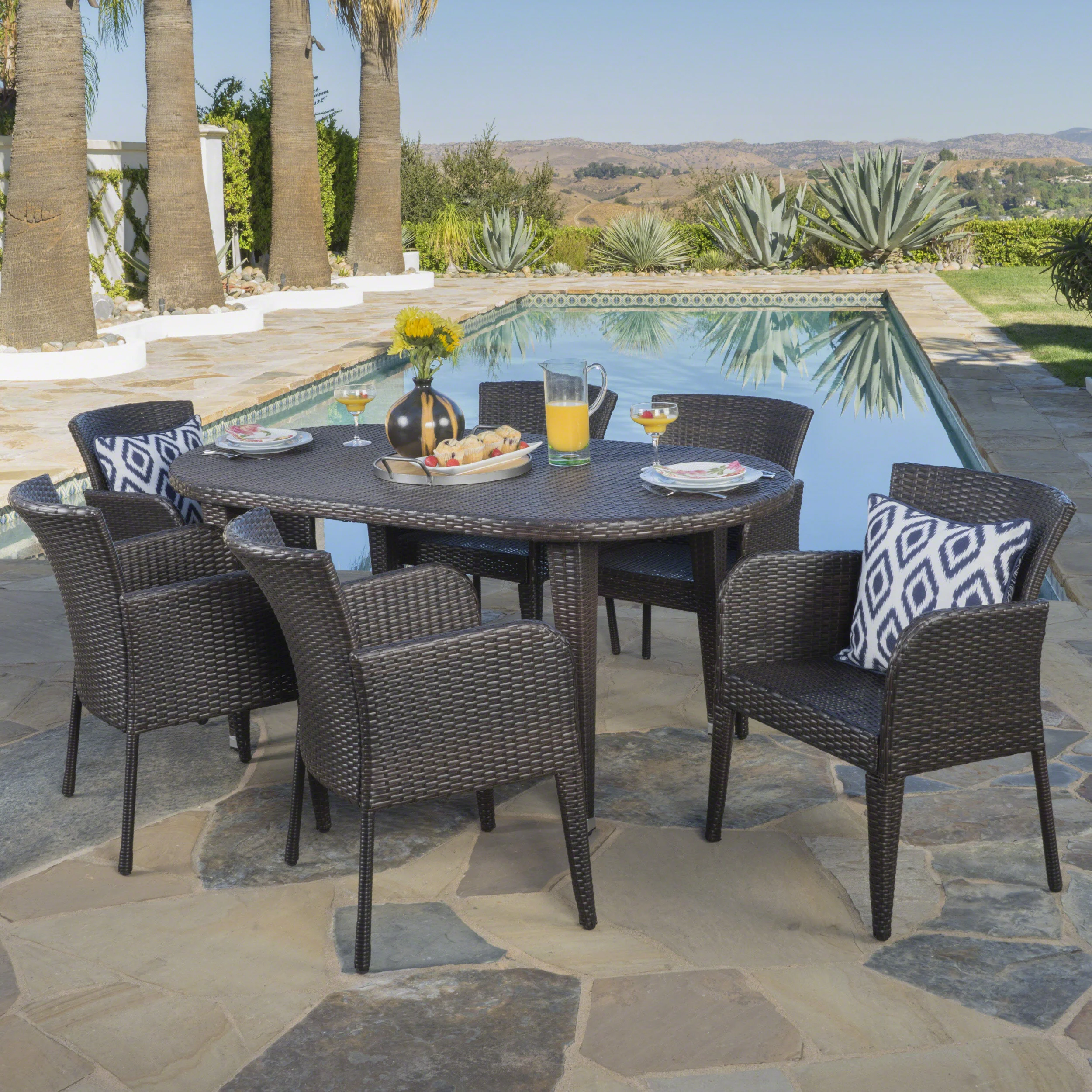 Fairchild Outdoor 7 Piece Multi-brown Wicker Oval Dining Set - furnishings