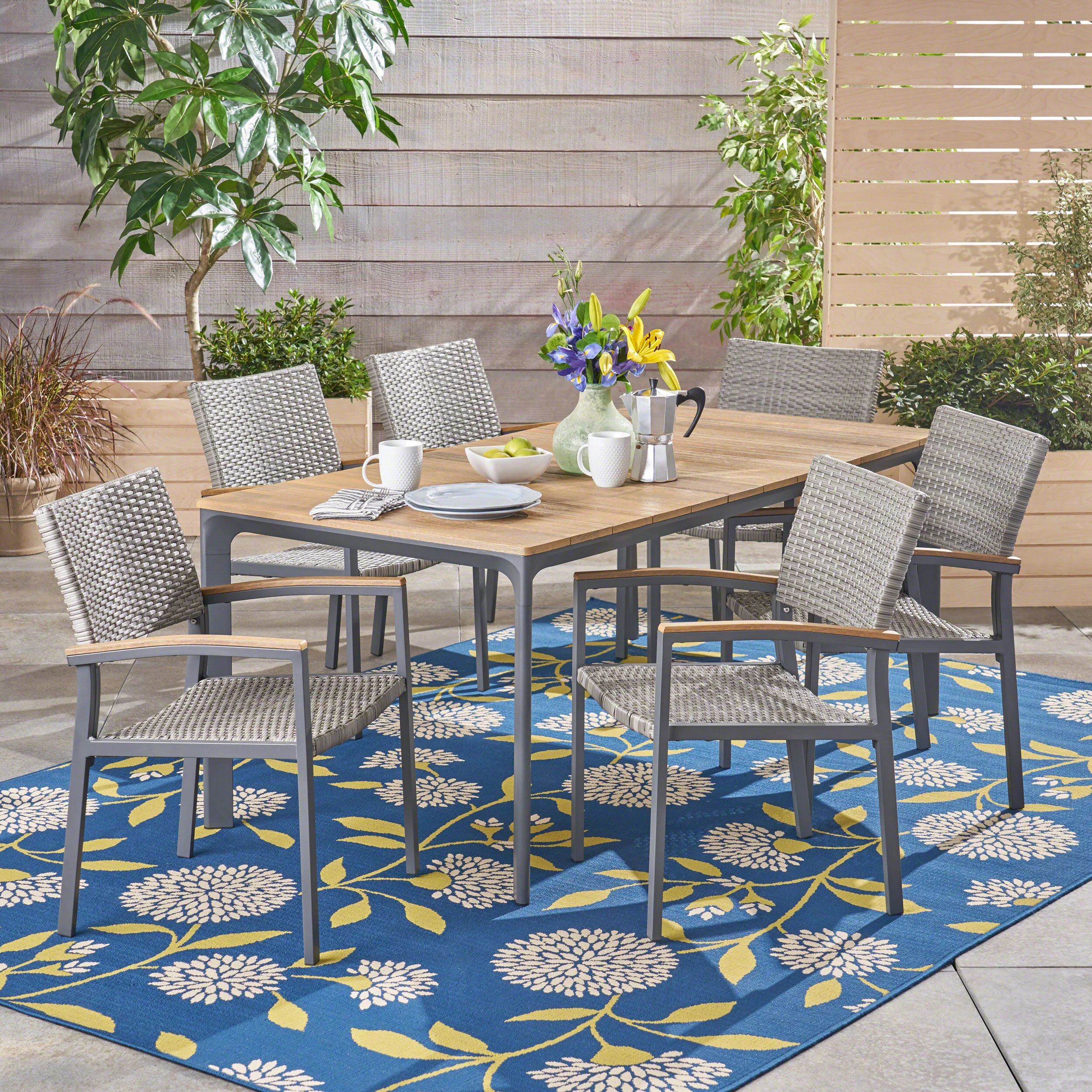Huxley Outdoor Aluminum 7 Piece Dining Set with Wood Tabletop - furnishings