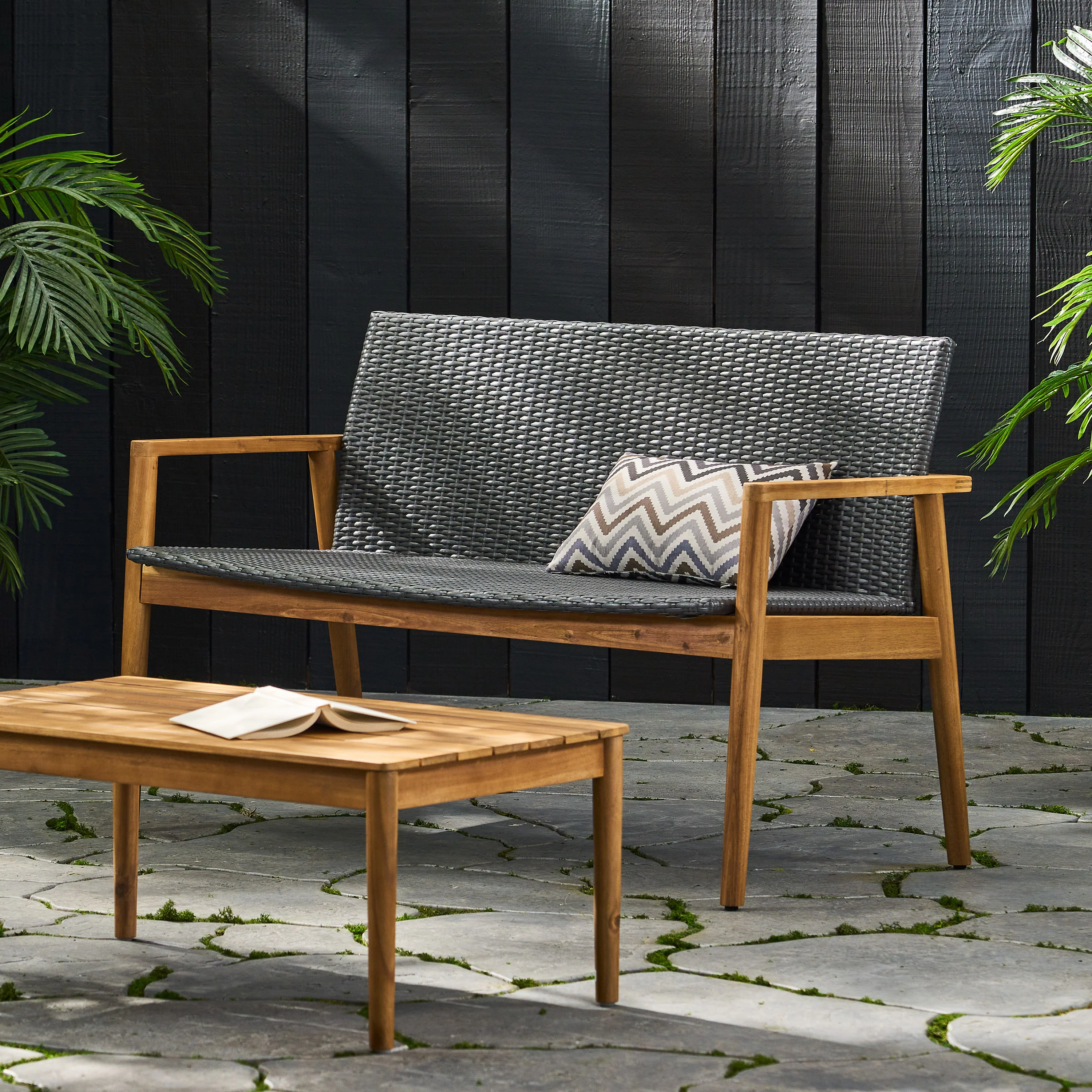 Alamosa Outdoor Wicker and Acacia Wood Loveseat, Gray and Teak - furnishings