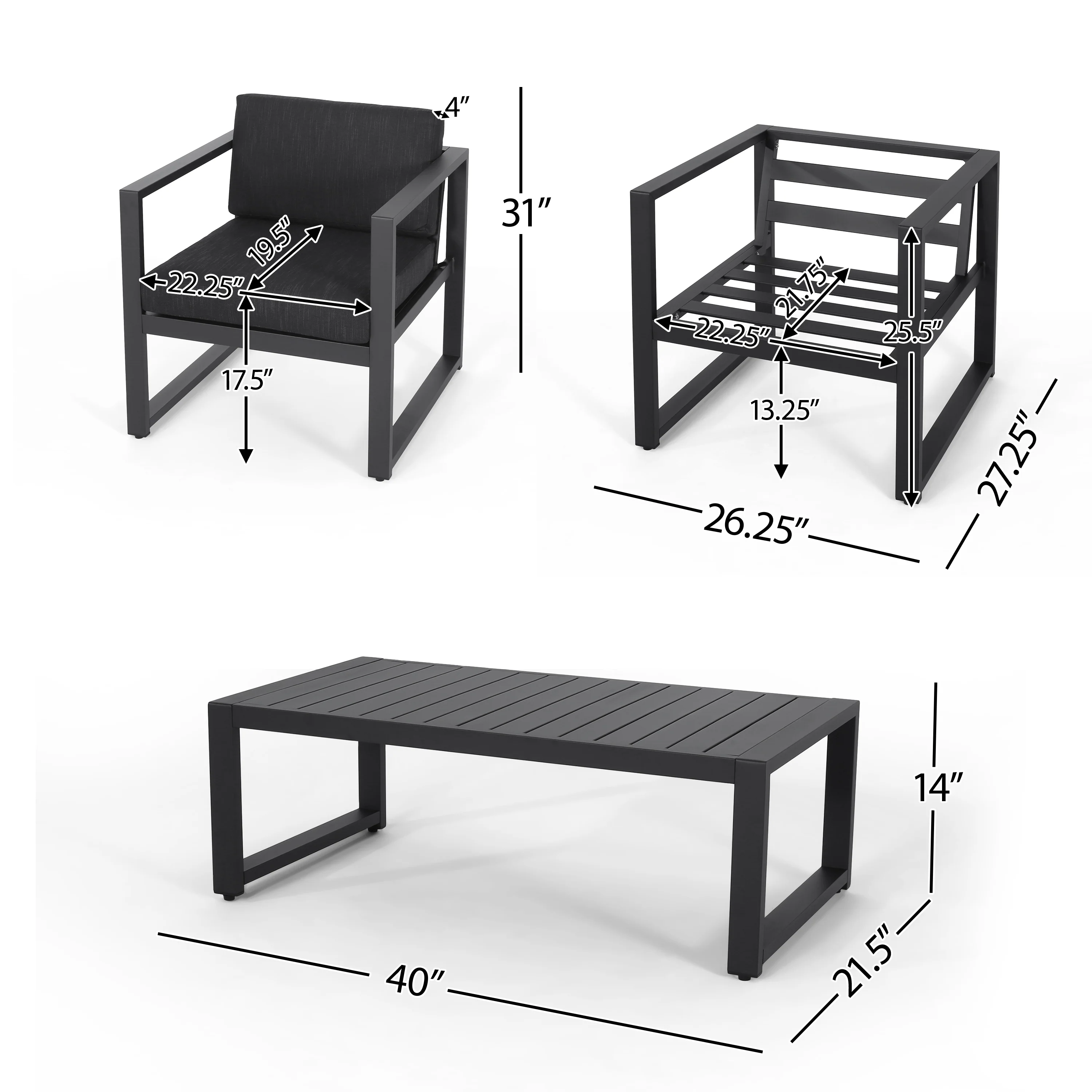 Nealie Modern Outdoor 4-Piece Dark Gray Aluminum Chat Set with Cushions - furnishings