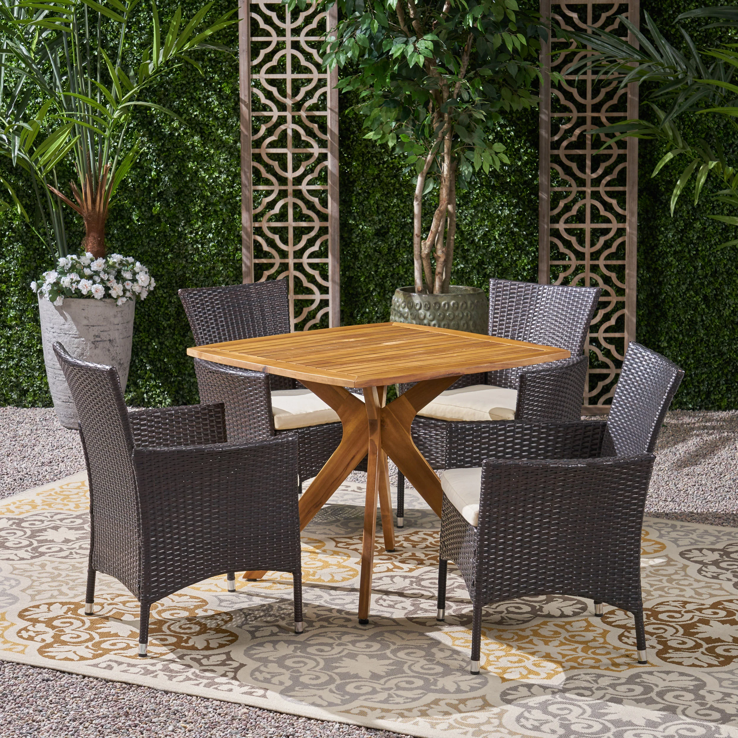 Mai Outdoor 5 Piece Wood and Wicker Dining Set - furnishings