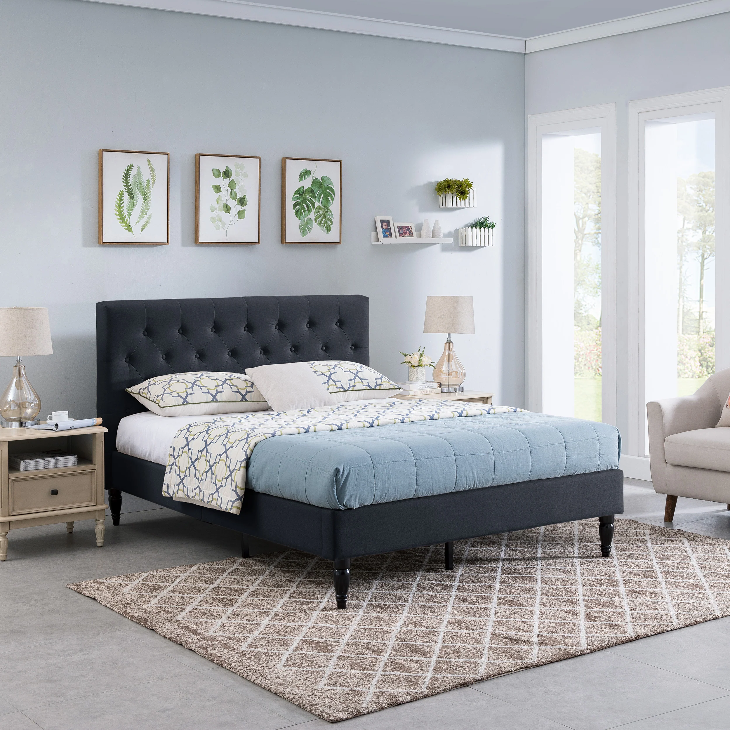 Lera Fully-Upholstered Queen-Size Platform Bed Frame, Low-Profile, Contemporary - furnishings