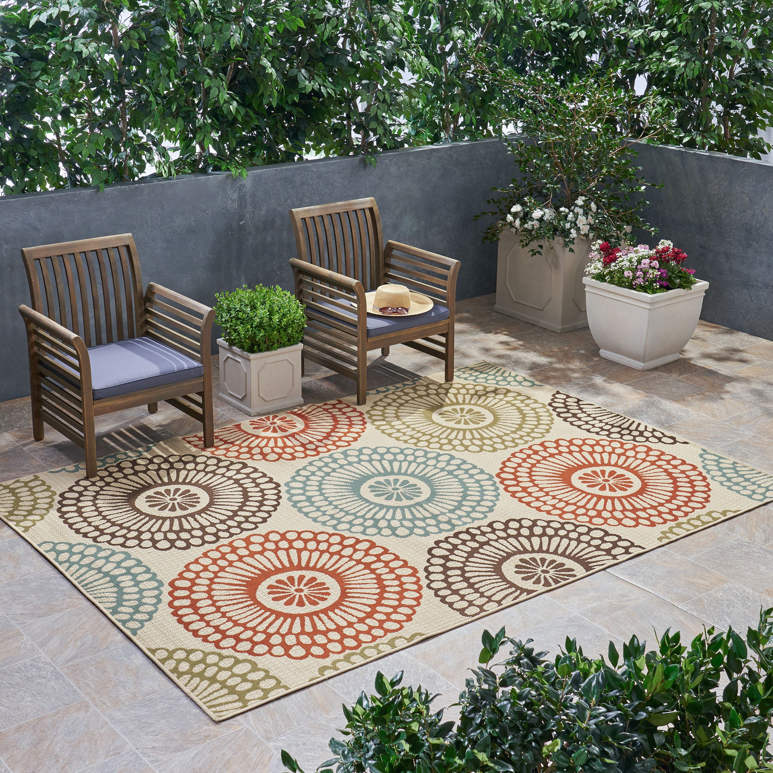 Pine Indoor/Outdoor Floral Area Rug, Beige and Multicolored - furnishings