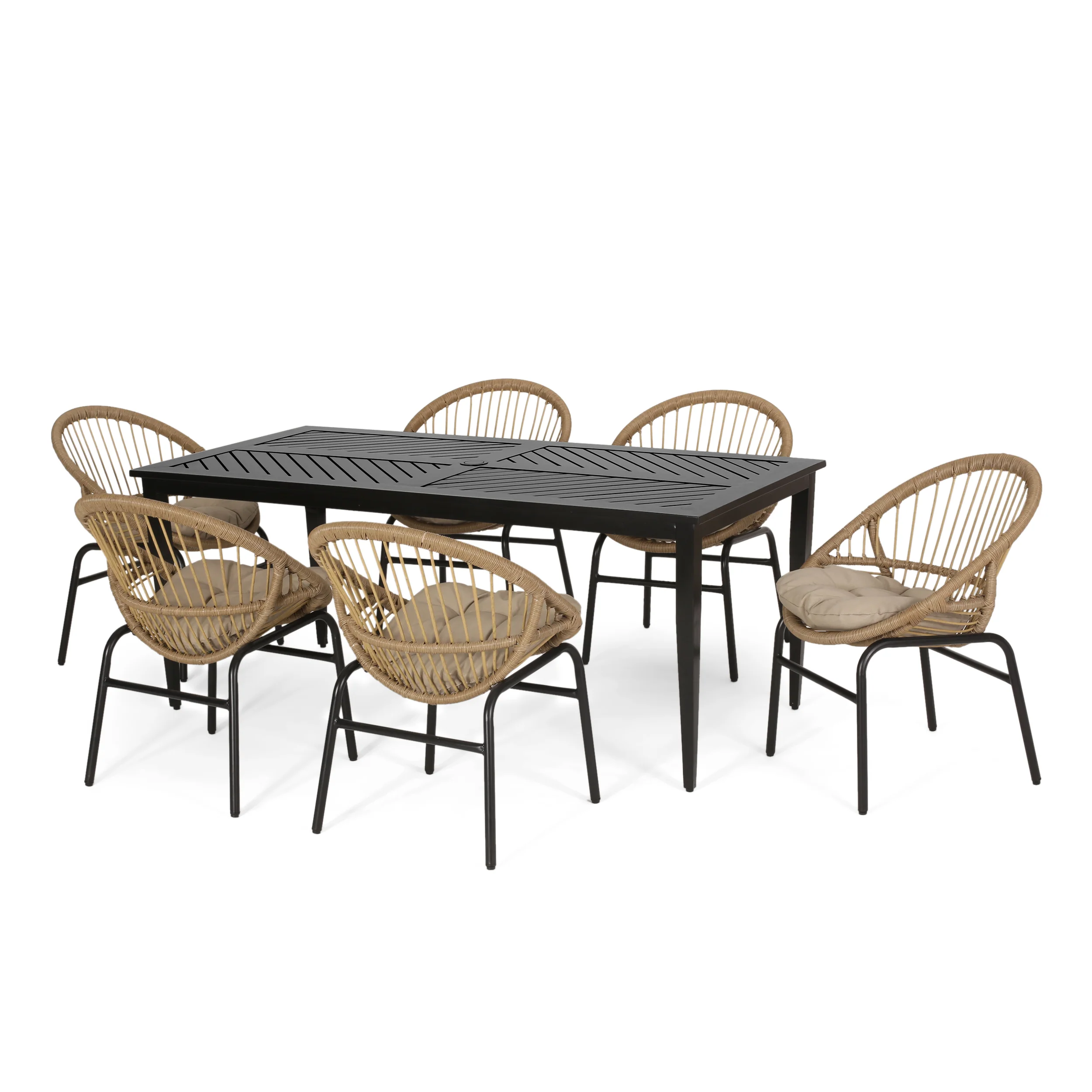 Dero Outdoor Wicker and Aluminum 7 Piece Dining Set with Cushion, Light Brown, Beige, and Matte Black - furnishings
