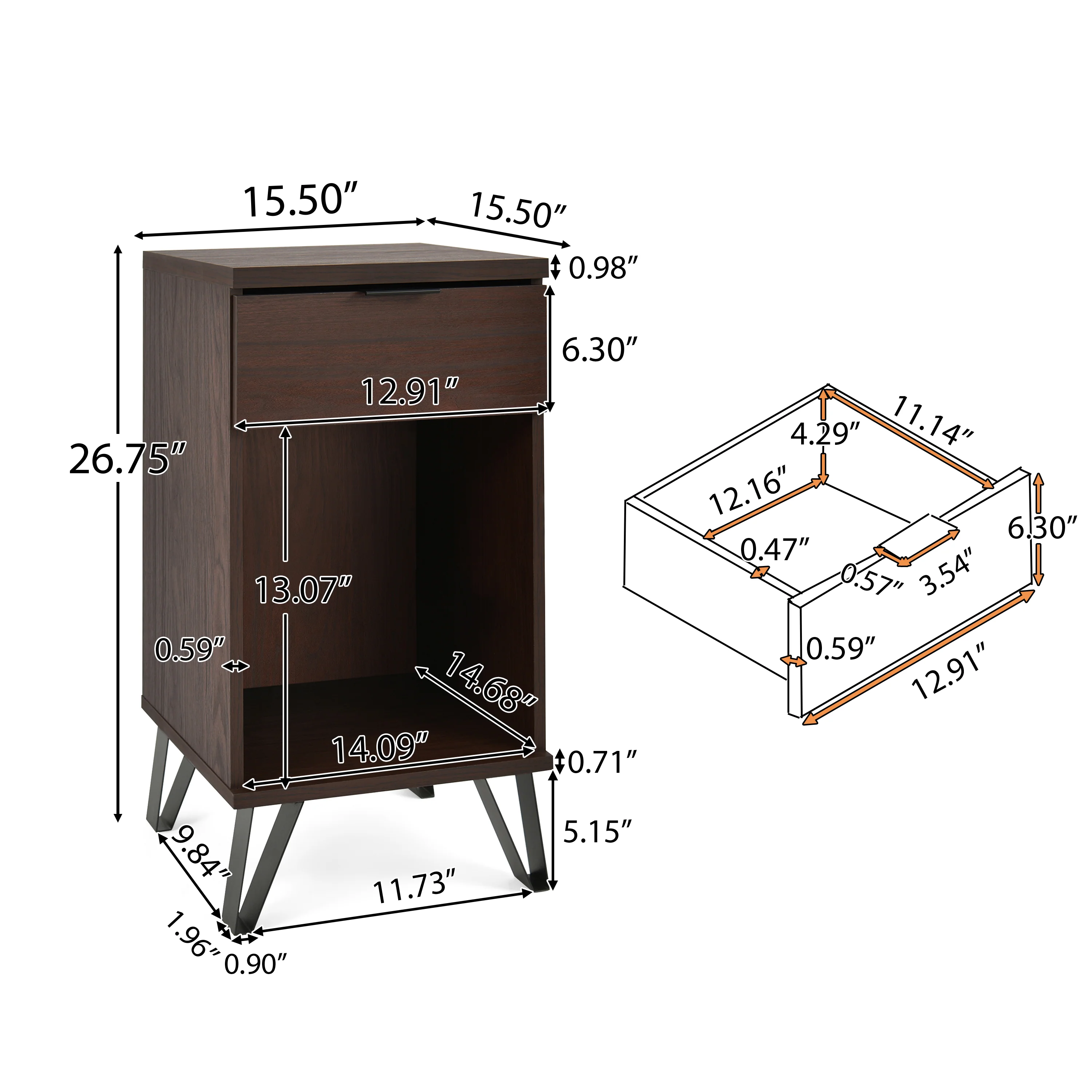 Demijen Modern Industrial Tall Nightstand with Drawer, Walnut and Matte Black - furnishings