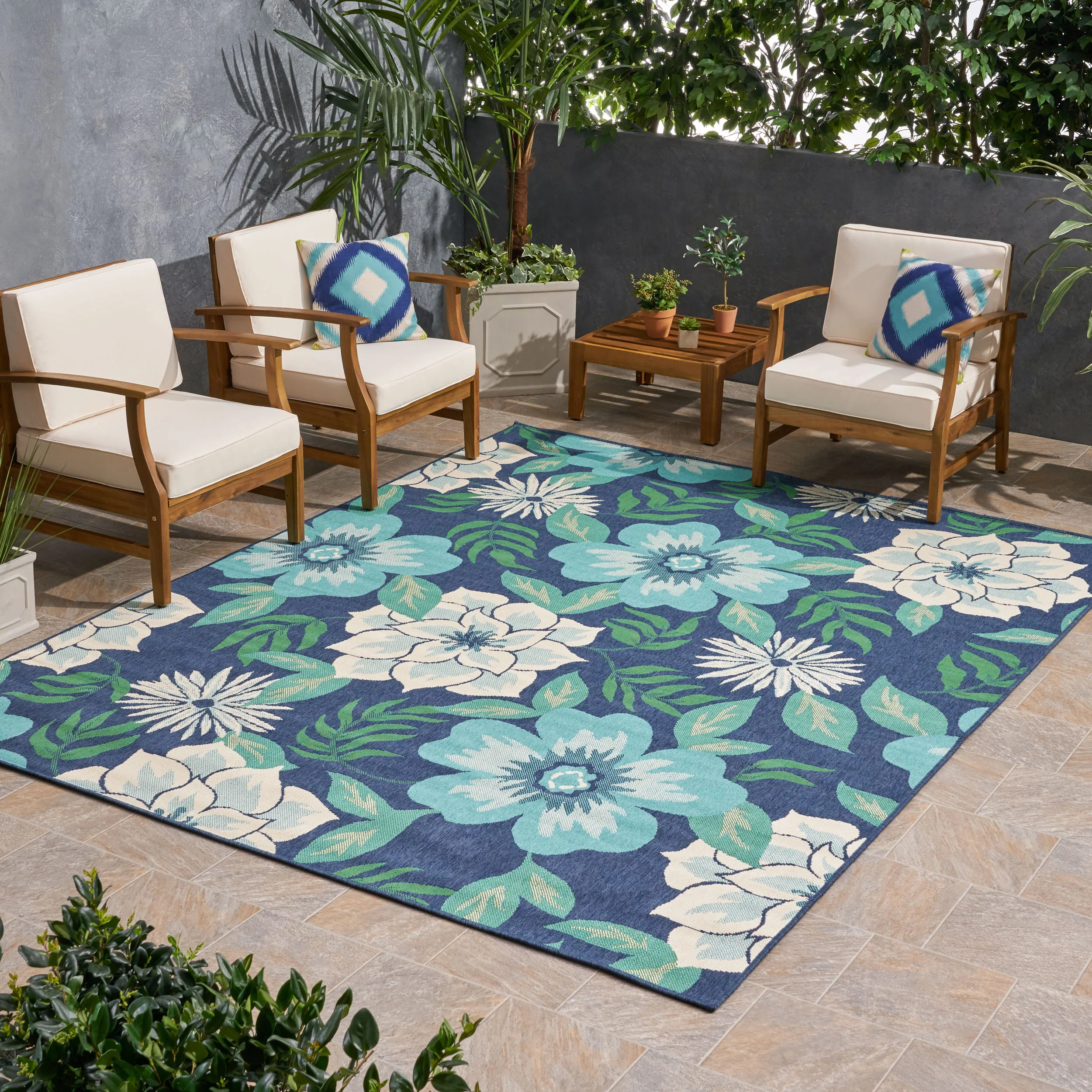 Truda Outdoor Floral Area Rug, Blue and Green - furnishings
