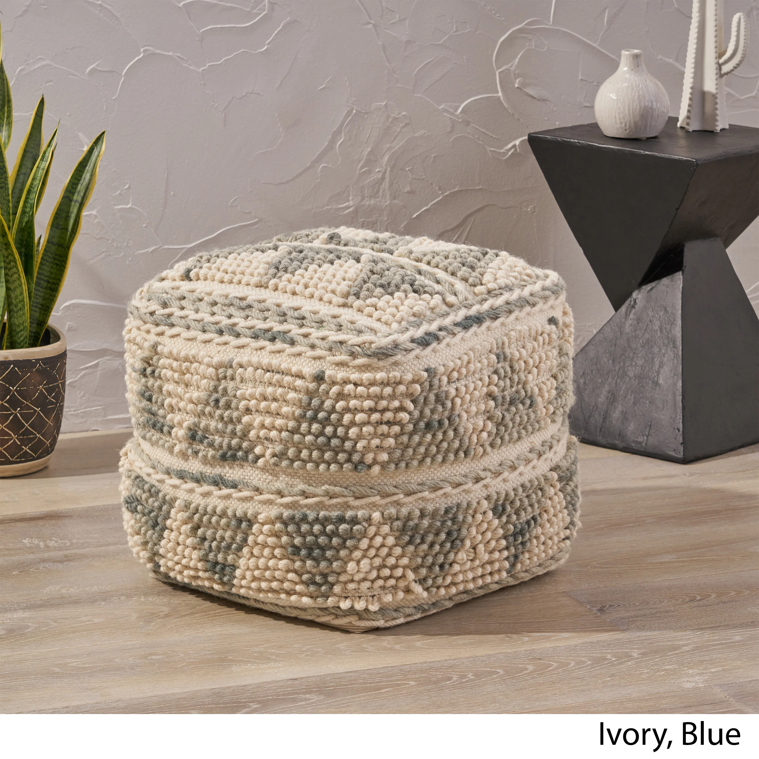 Rosalin Boho Wool and Cotton Ottoman Pouf - furnishings