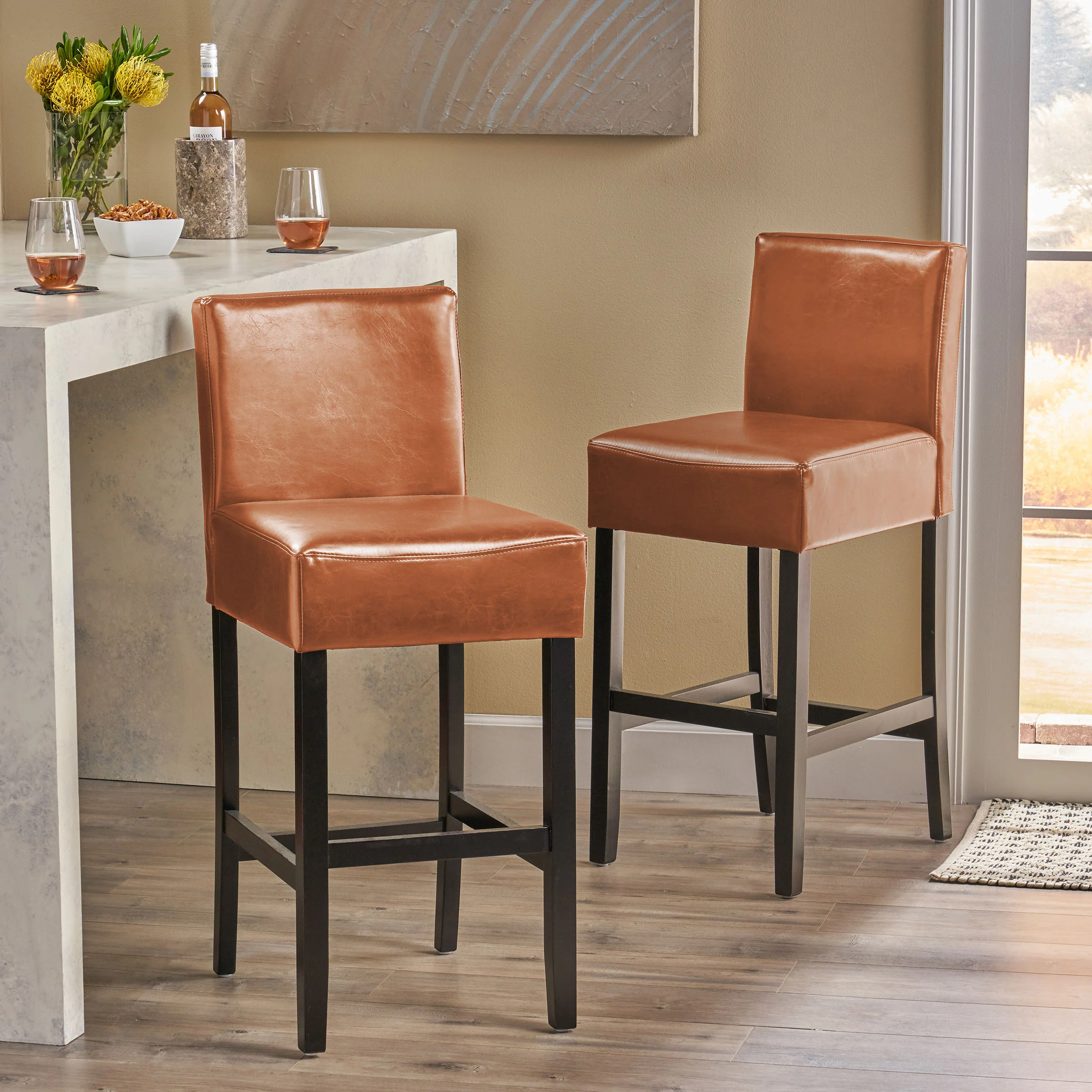 Lowry Contemporary Upholstered Ivory Bonded Leather Backed Barstools (Set of 2) - furnishings
