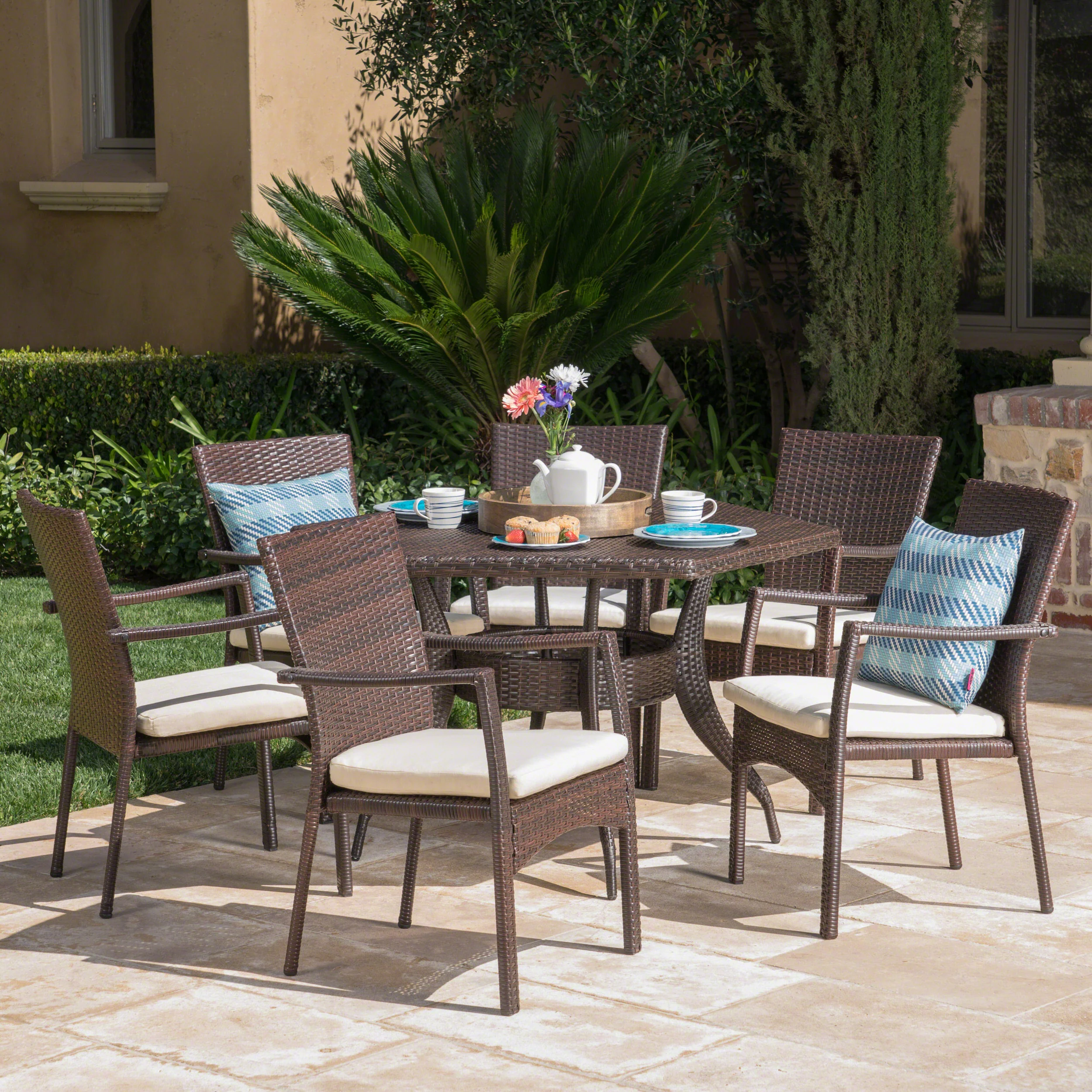 Bartley Outdoor 7 Piece Wicker Hexagon Dining Set with Brown Wicker Chairs - furnishings