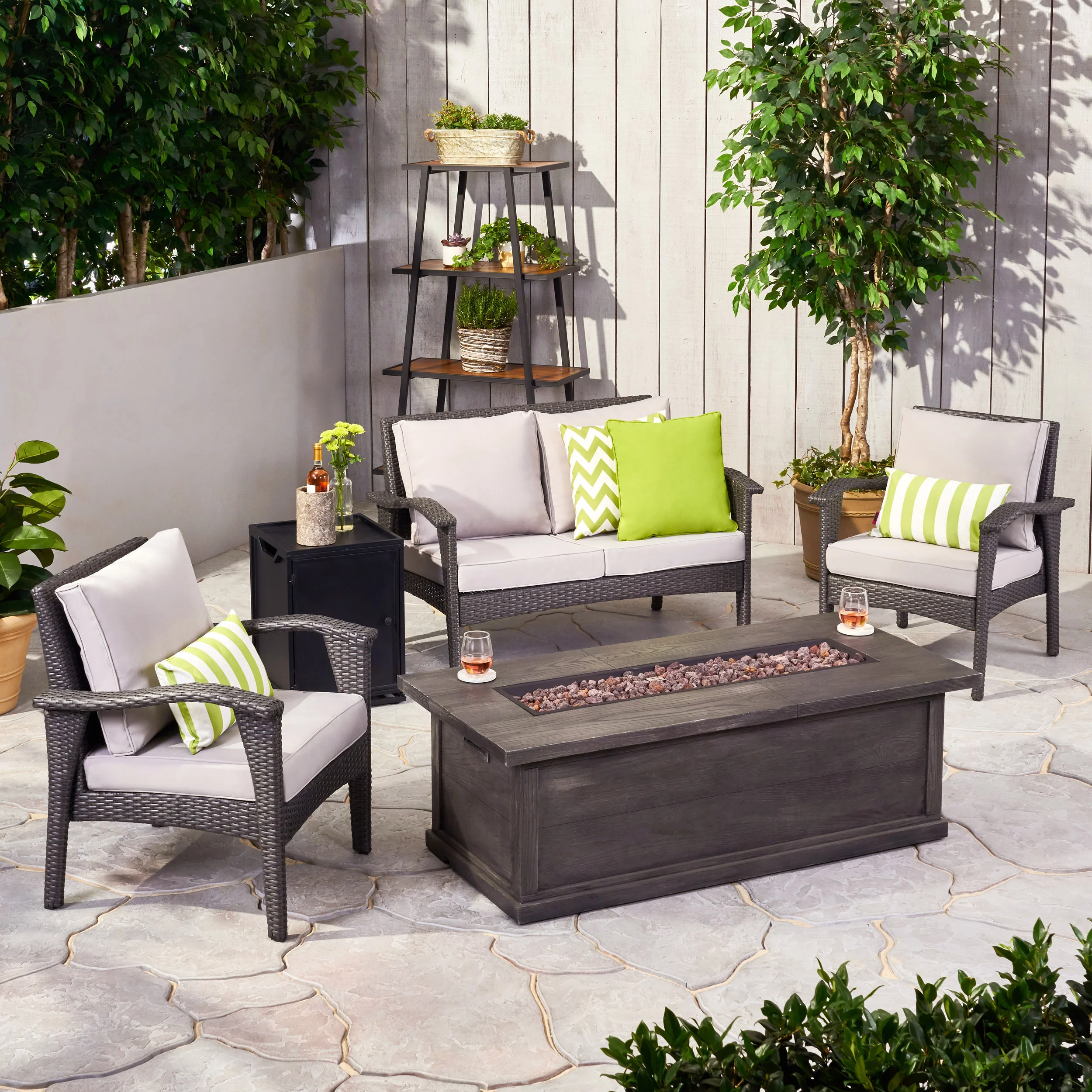 Voyage Outdoor 4 Seater Wicker Chat Set with Fire Pit - furnishings
