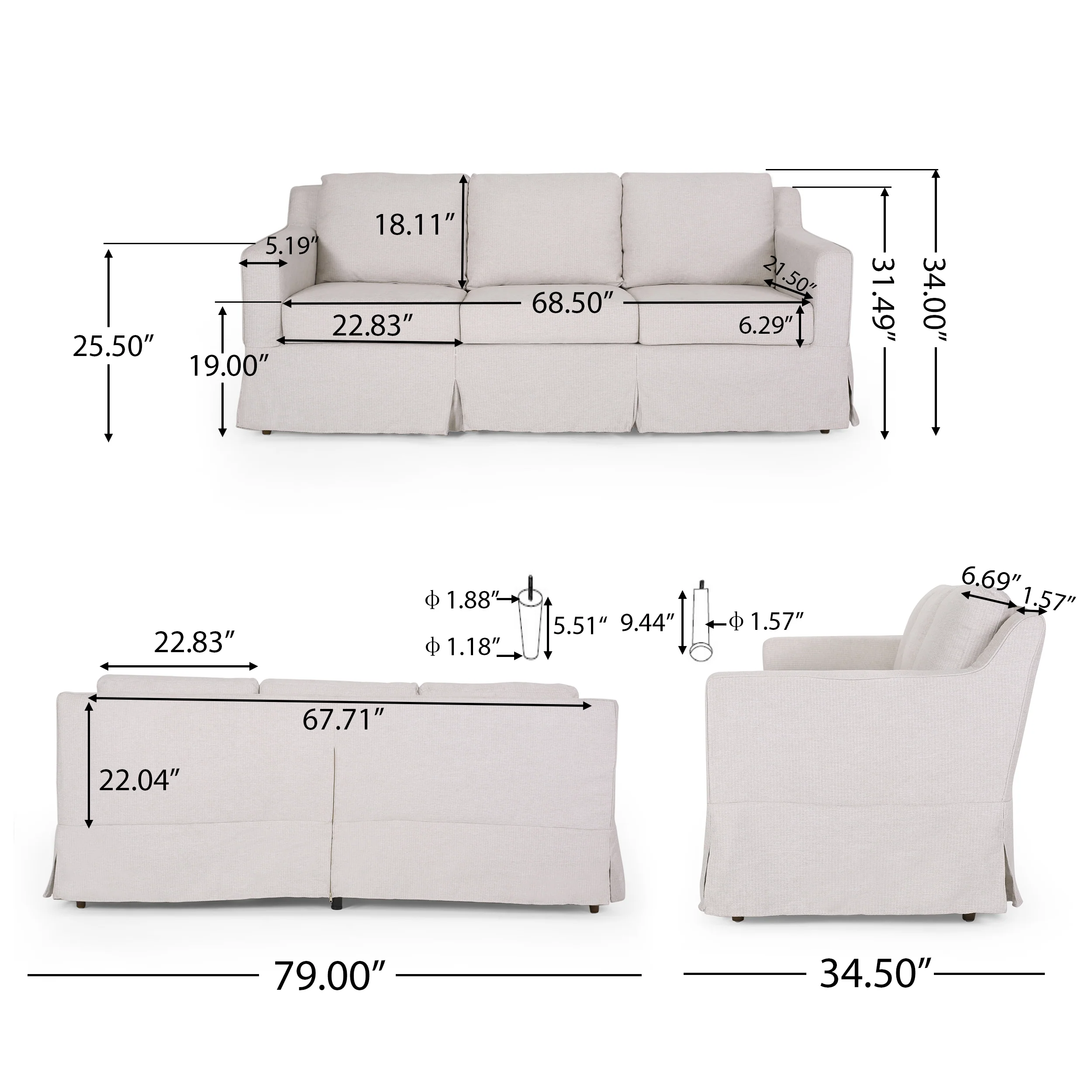 Bainville Contemporary Fabric 3 Seater Sofa with Skirt - furnishings