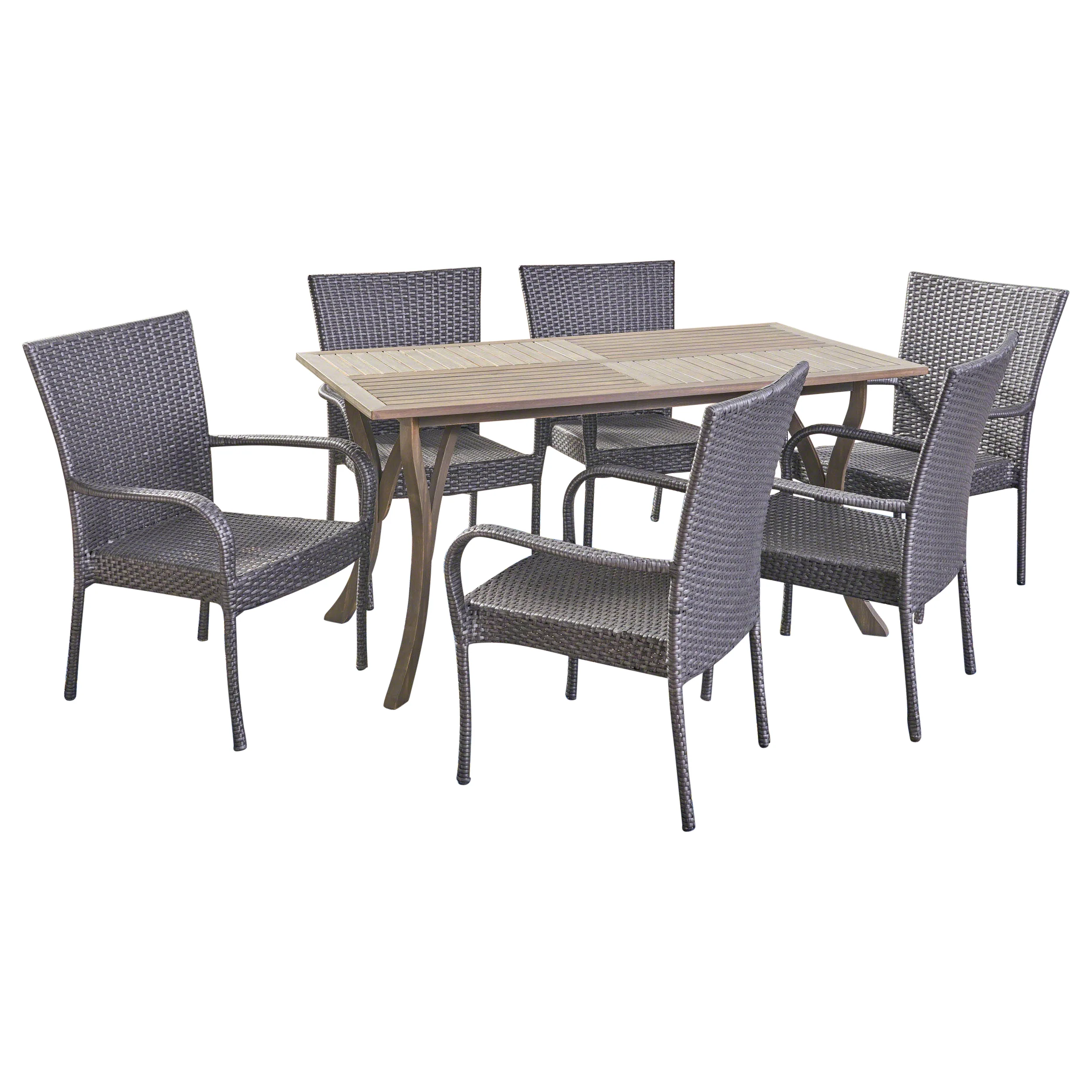 Robin Outdoor 7 Piece Wood and Wicker Dining Set, Gray and Gray - furnishings