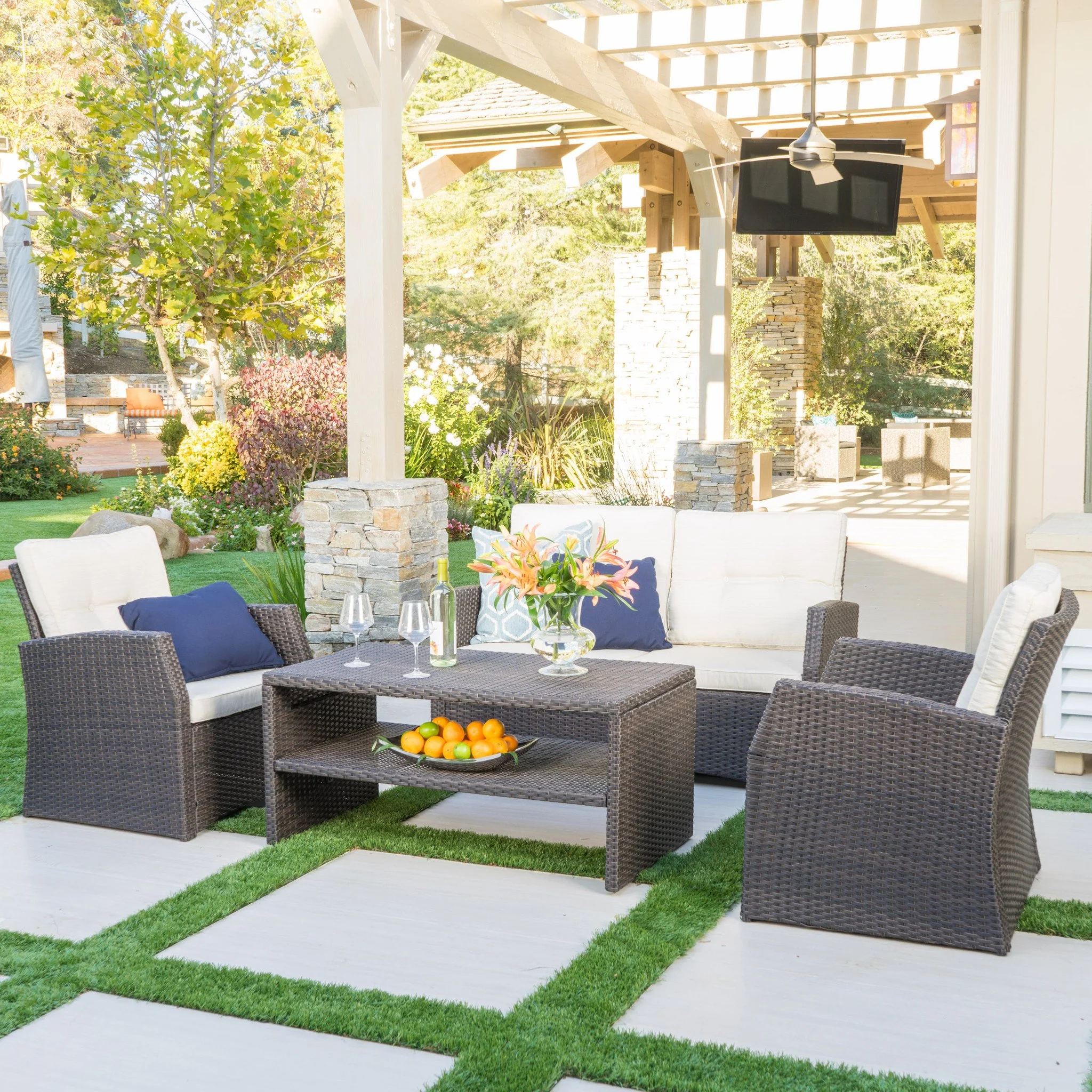 Del Norte Outdoor 4 Piece Dark Brown Wicker Chat Set with Beige Water Resistant Cushions - furnishings