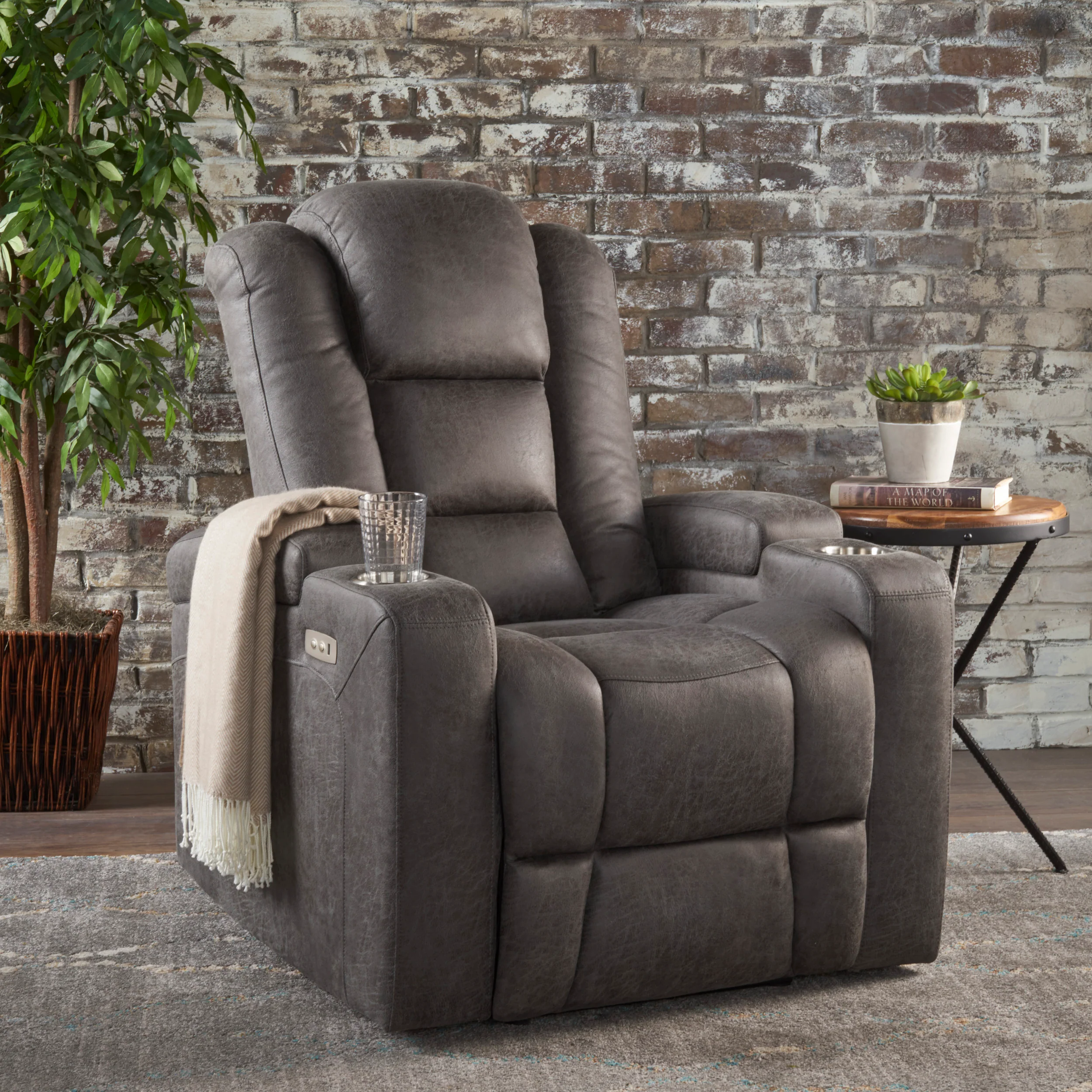 Everette Microfiber Power Recliner With Storage, USB Charger, and Cup Holder - furnishings