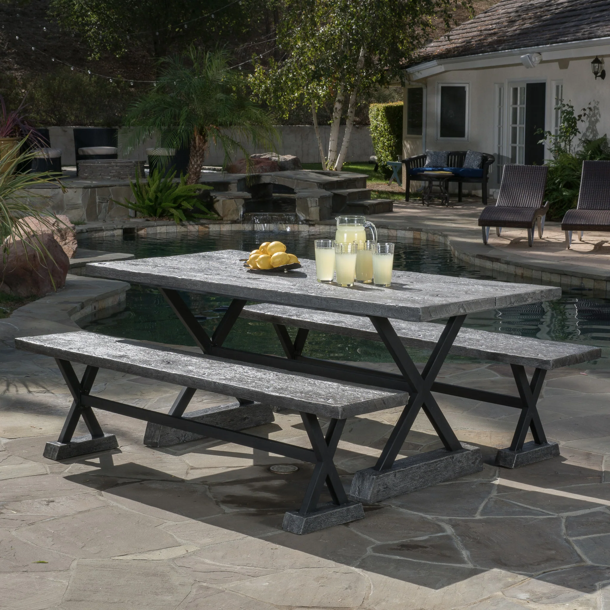 Colby Outdoor 3 Piece Lightweight Concrete Dining Set with Benches - furnishings