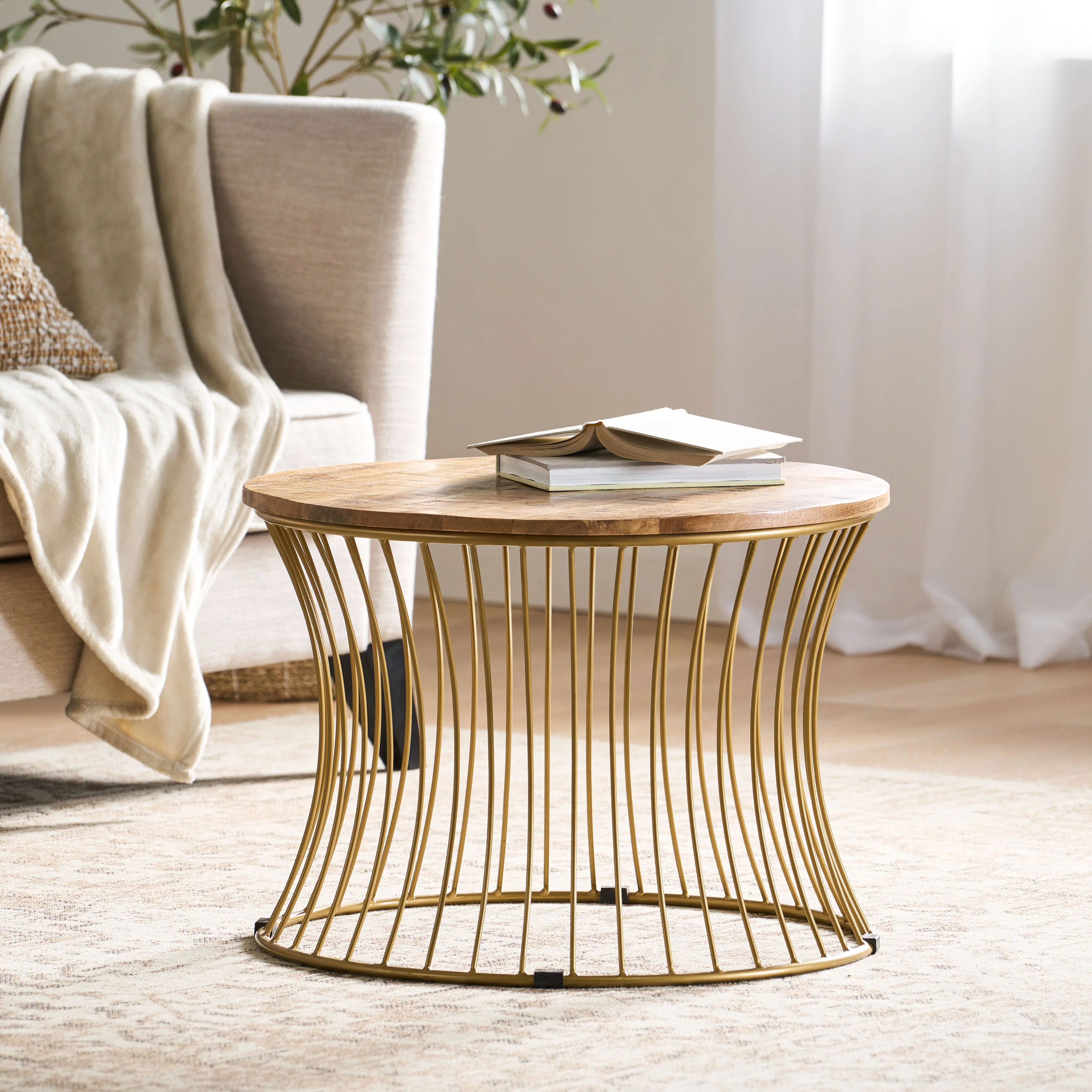Ameliarae Handcrafted Boho Mango Wood and Iron Coffee Table - furnishings