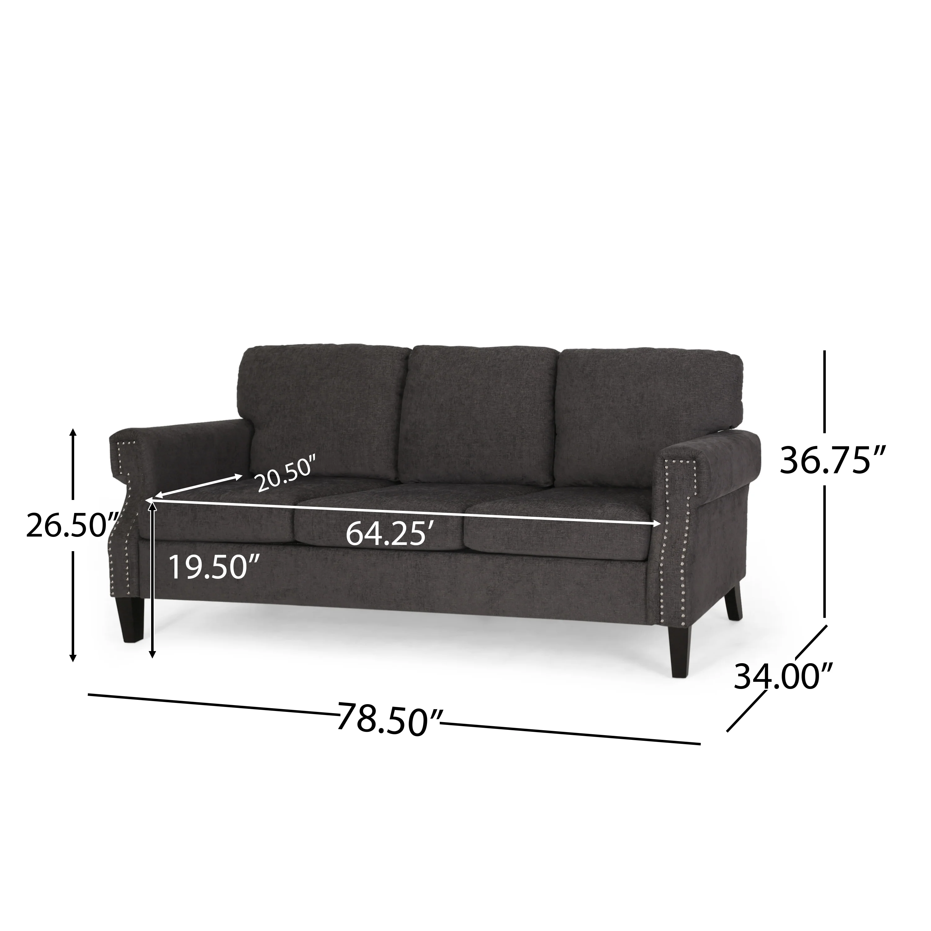 Dobles Contemporary Fabric 3 Seater Sofa with Nailhead Trim - furnishings