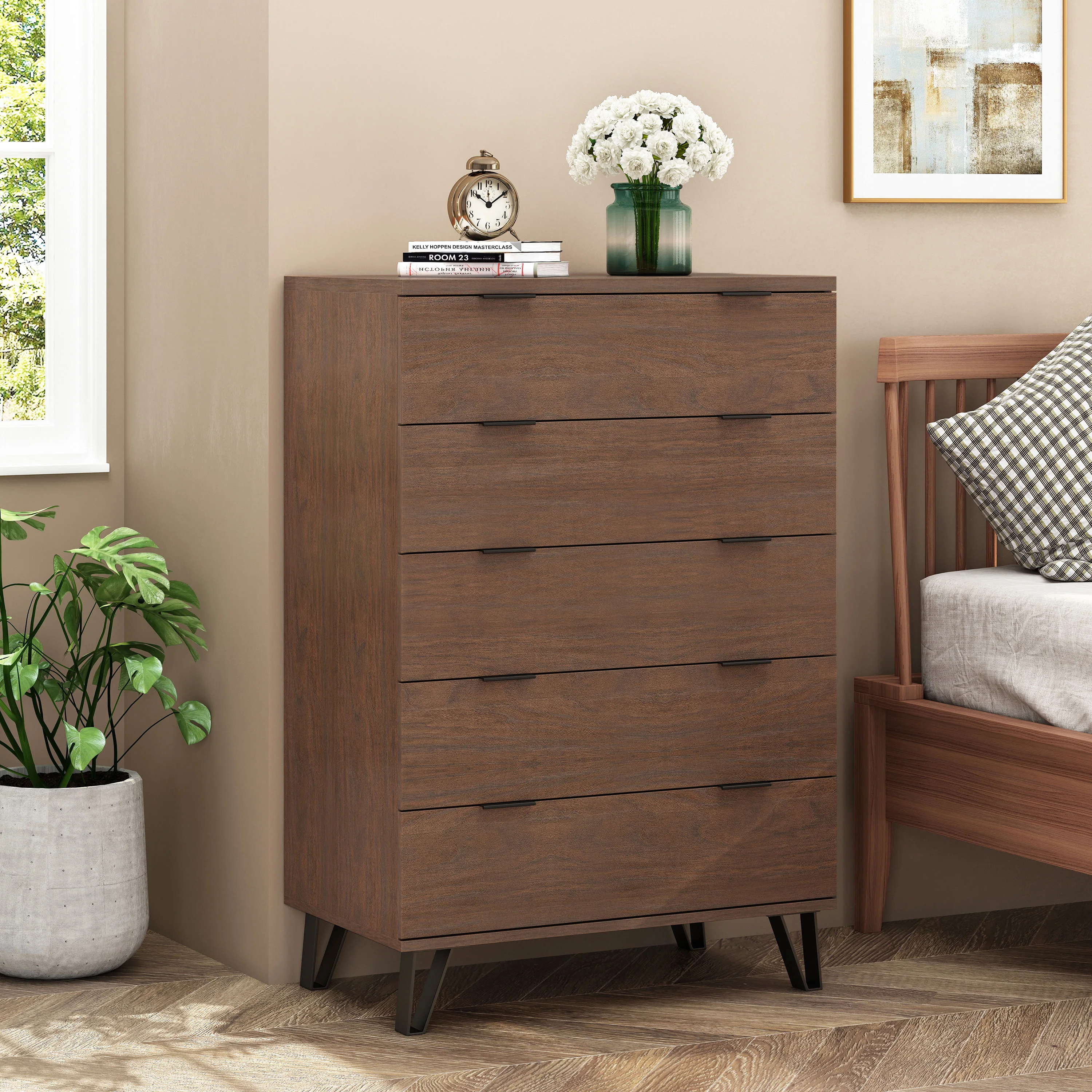 Demijen Modern Industrial 5 Drawer Wide Dresser, Walnut and Matte Black - furnishings
