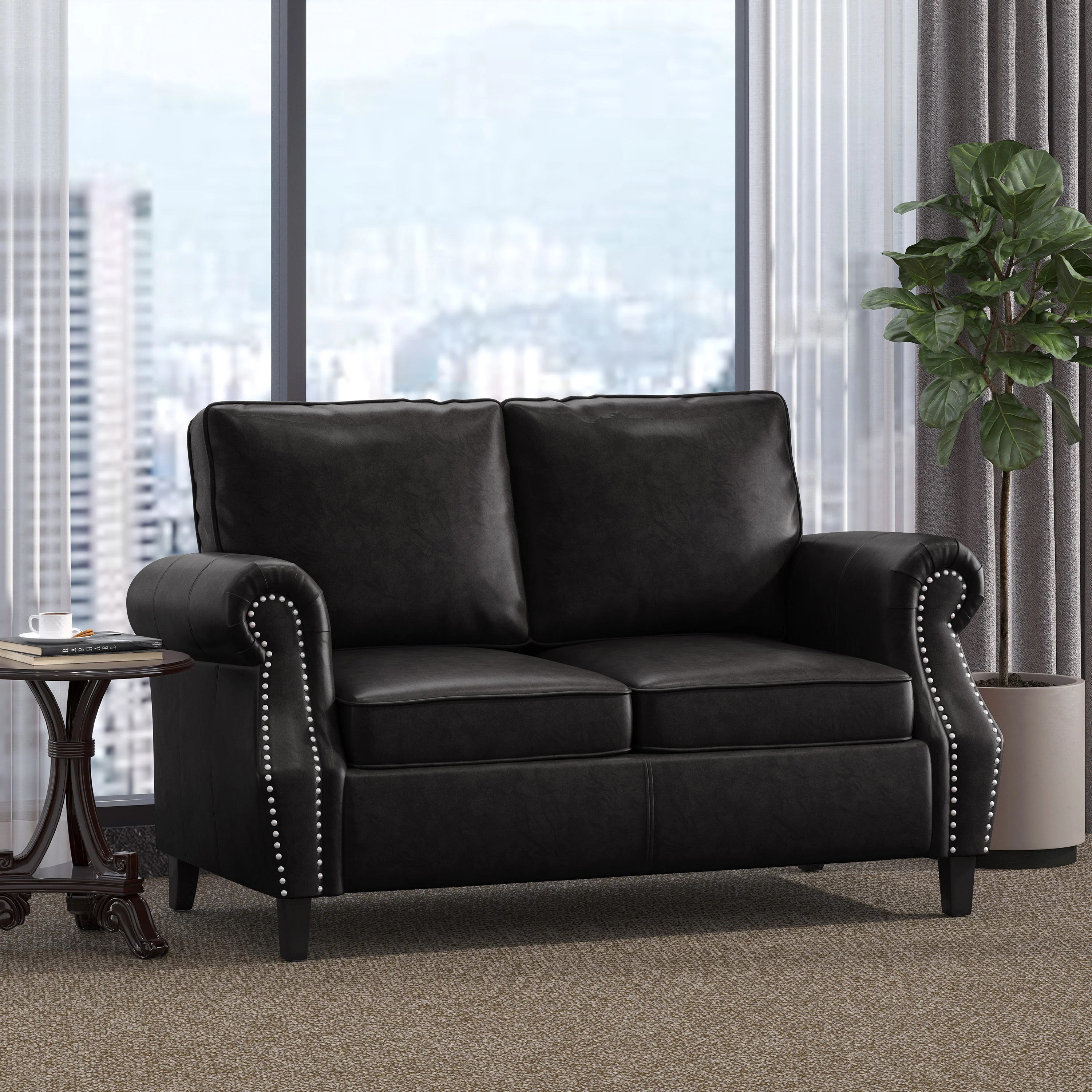 Pochelon Contemporary Faux Leather Loveseat with Nailhead Trim - furnishings