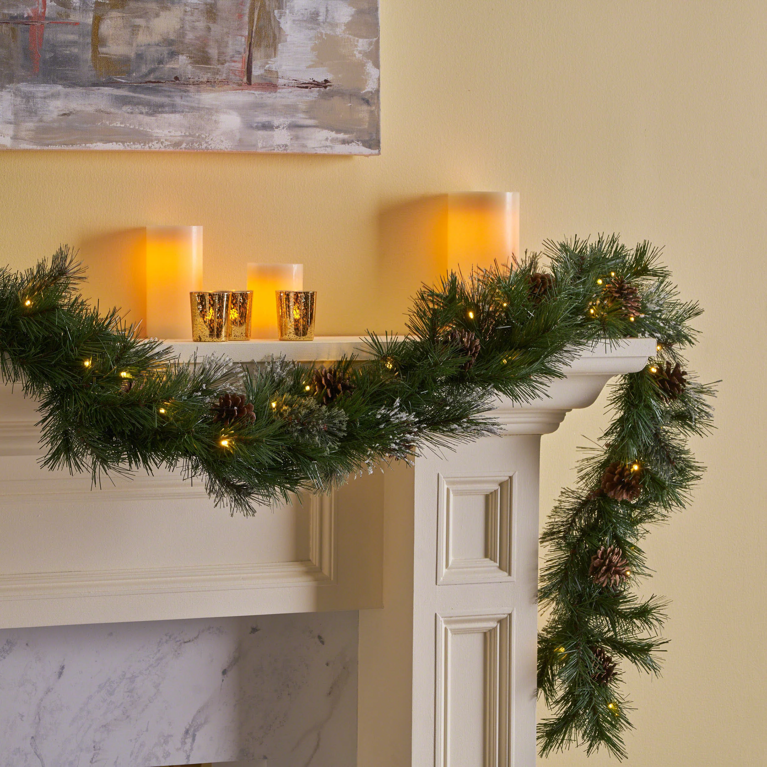 9-foot Mixed Spruce Pre-Lit Warm White LED Artificial Christmas Garland with Snowy Branches and Pinecones - furnishings