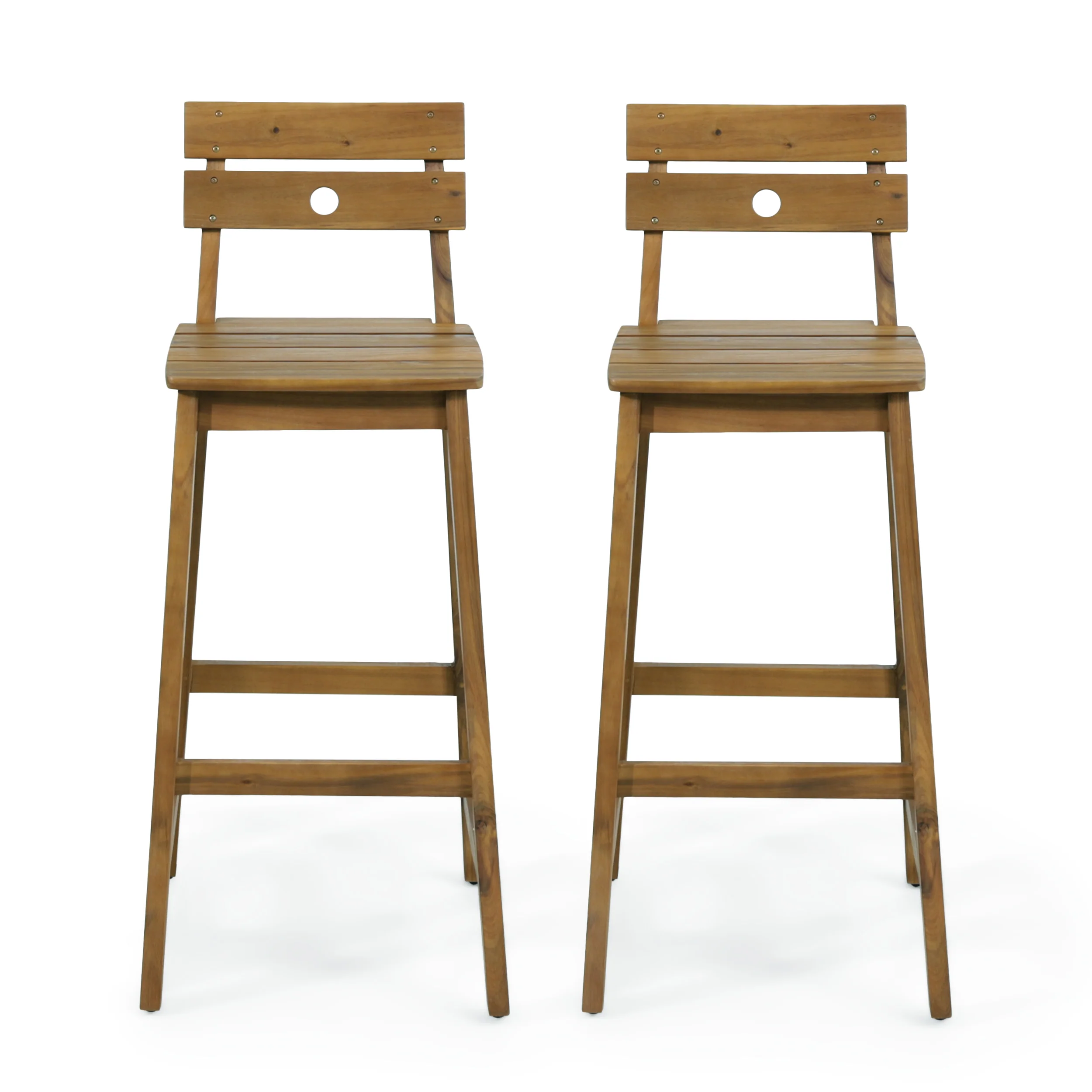 Munro Outdoor/Indoor Acacia Wood Backed Barstools, Set of 2, Teak - furnishings
