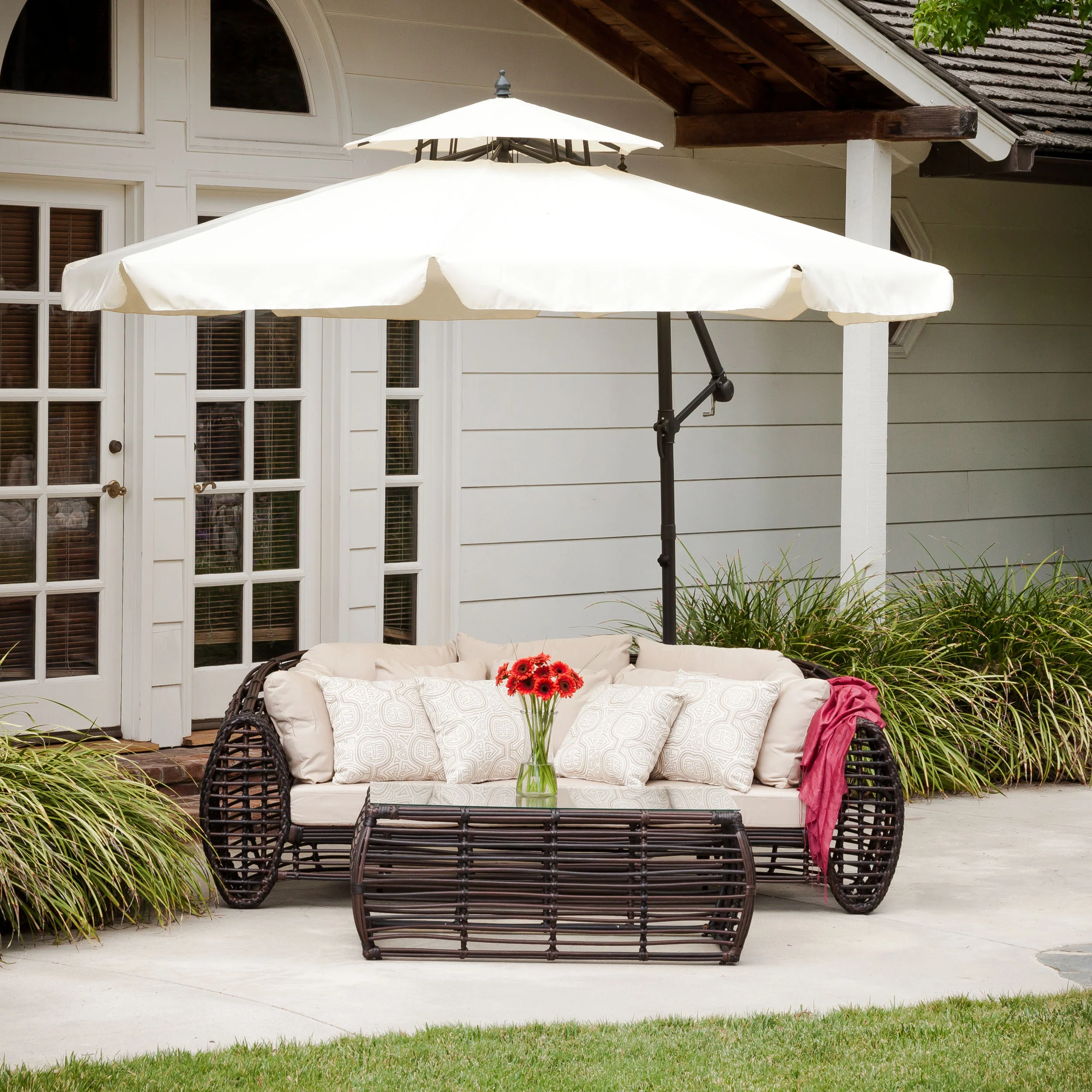 Tahiti Outdoor Beige Cantilever Patio Umbrella & Base - furnishings