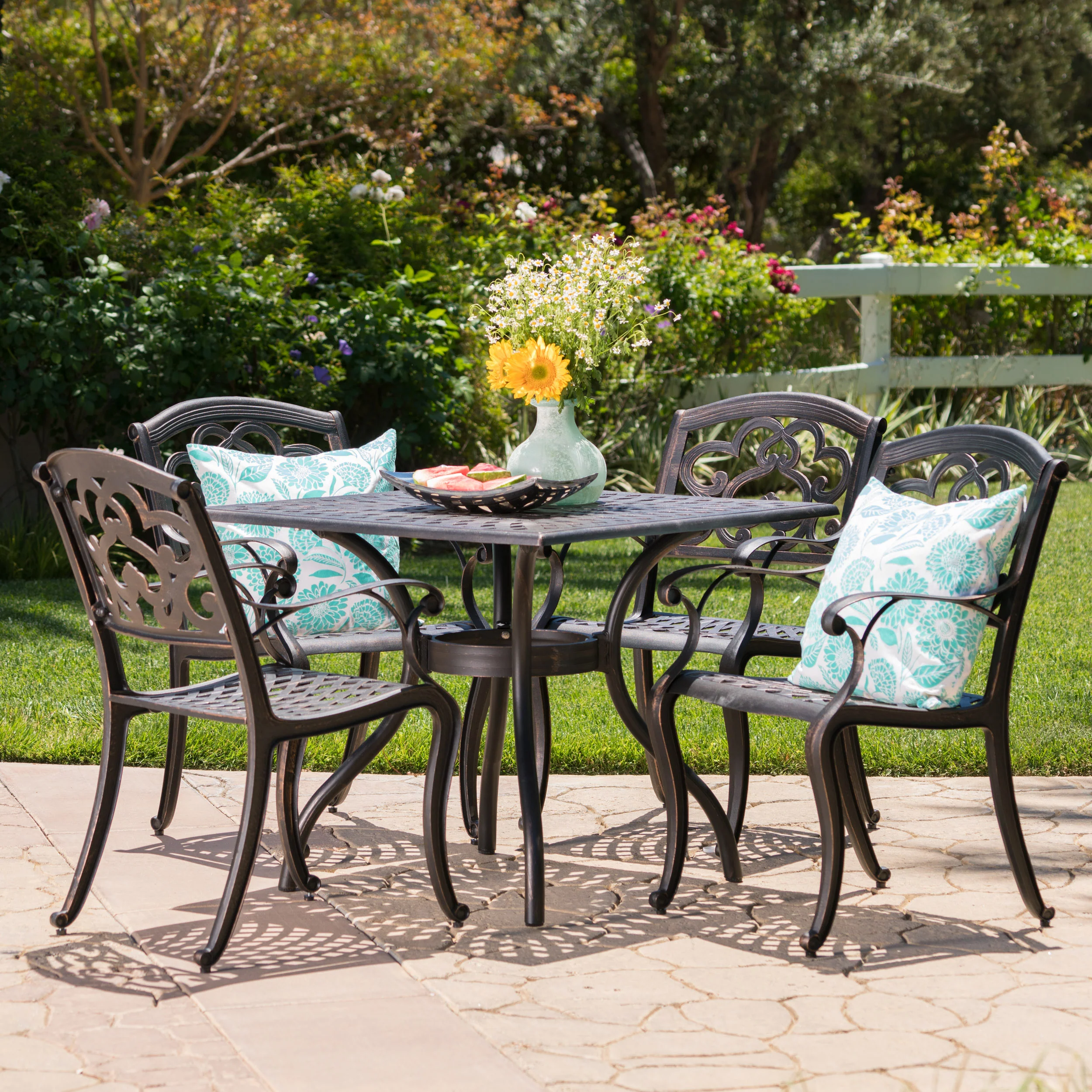 Carlton Outdoor 5Pc Patina Copper Cast Aluminum Dining Set - furnishings