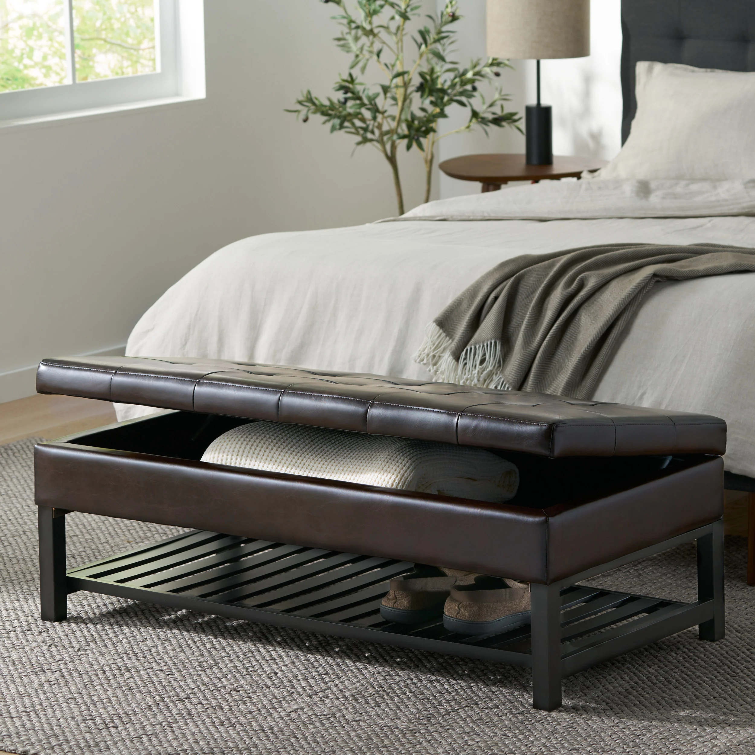 Felix Brown Wood Rectangle Storage Ottoman Coffee Table With Bottom Rack - furnishings