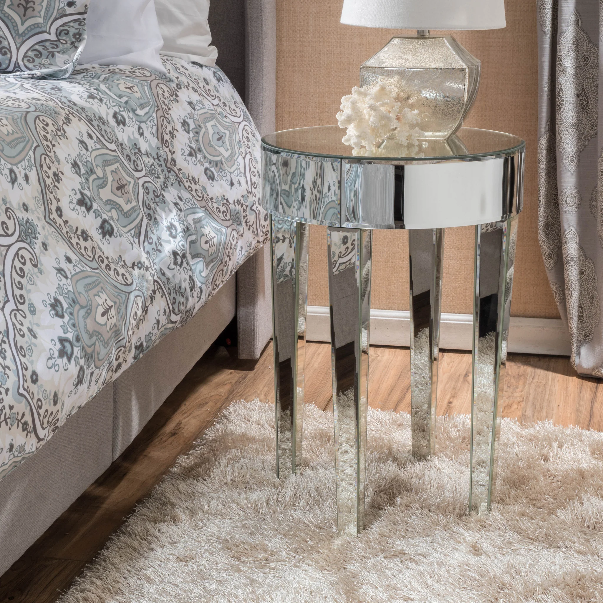 Alvo Modern Glam Round Mirrored Side Table with Tapered Legs - furnishings