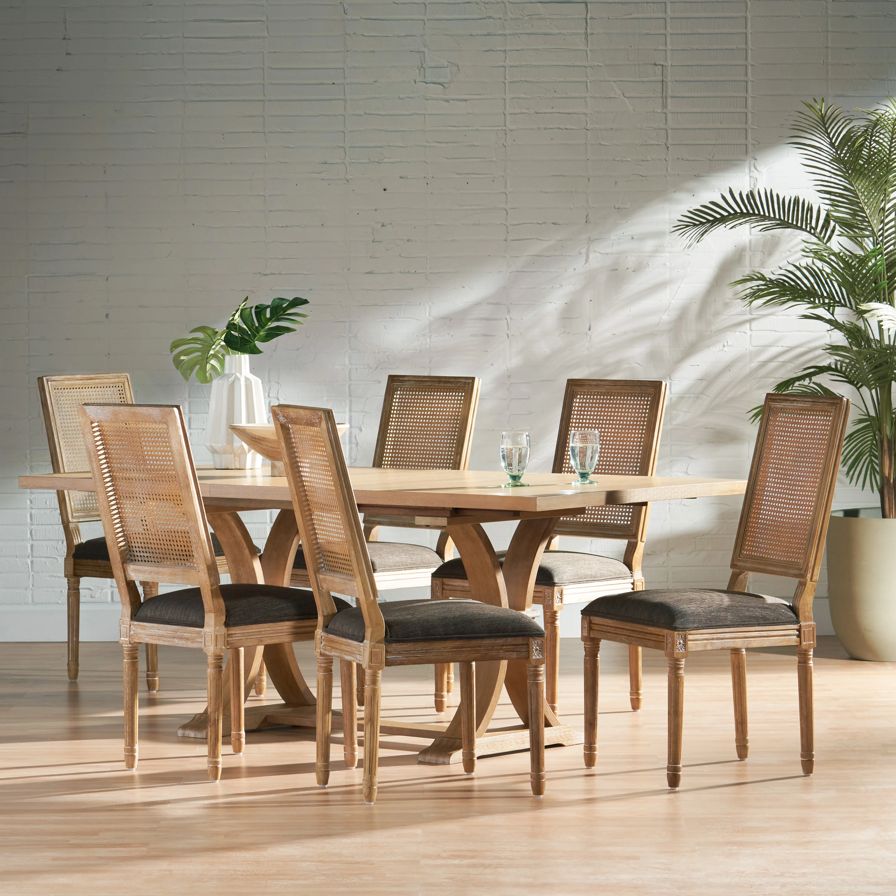 Brownell French Country Wood and Cane 7-Piece Expandable Dining Set - furnishings