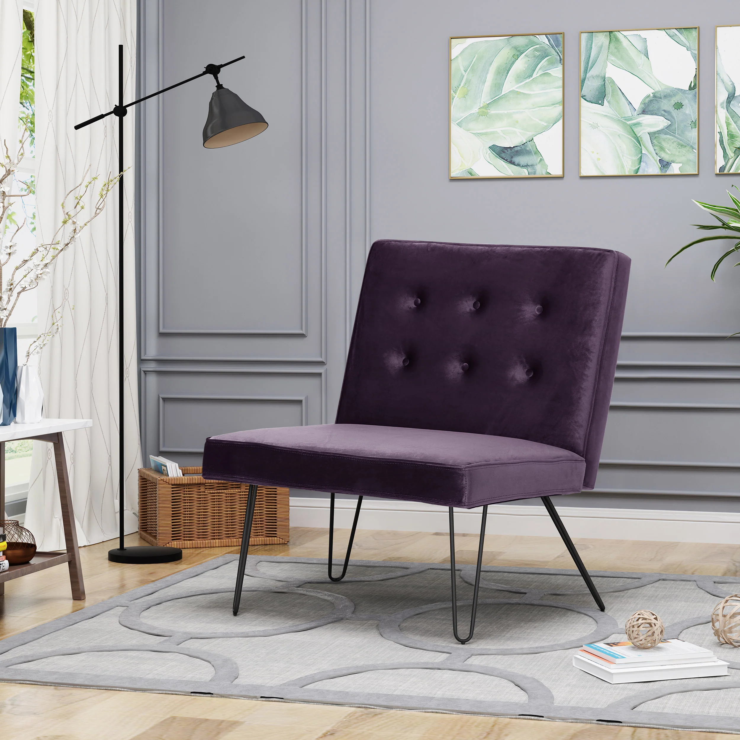 DuSoleil Modern Button Tufted Armless Velvet Accent Chair with Hairpin Legs - furnishings