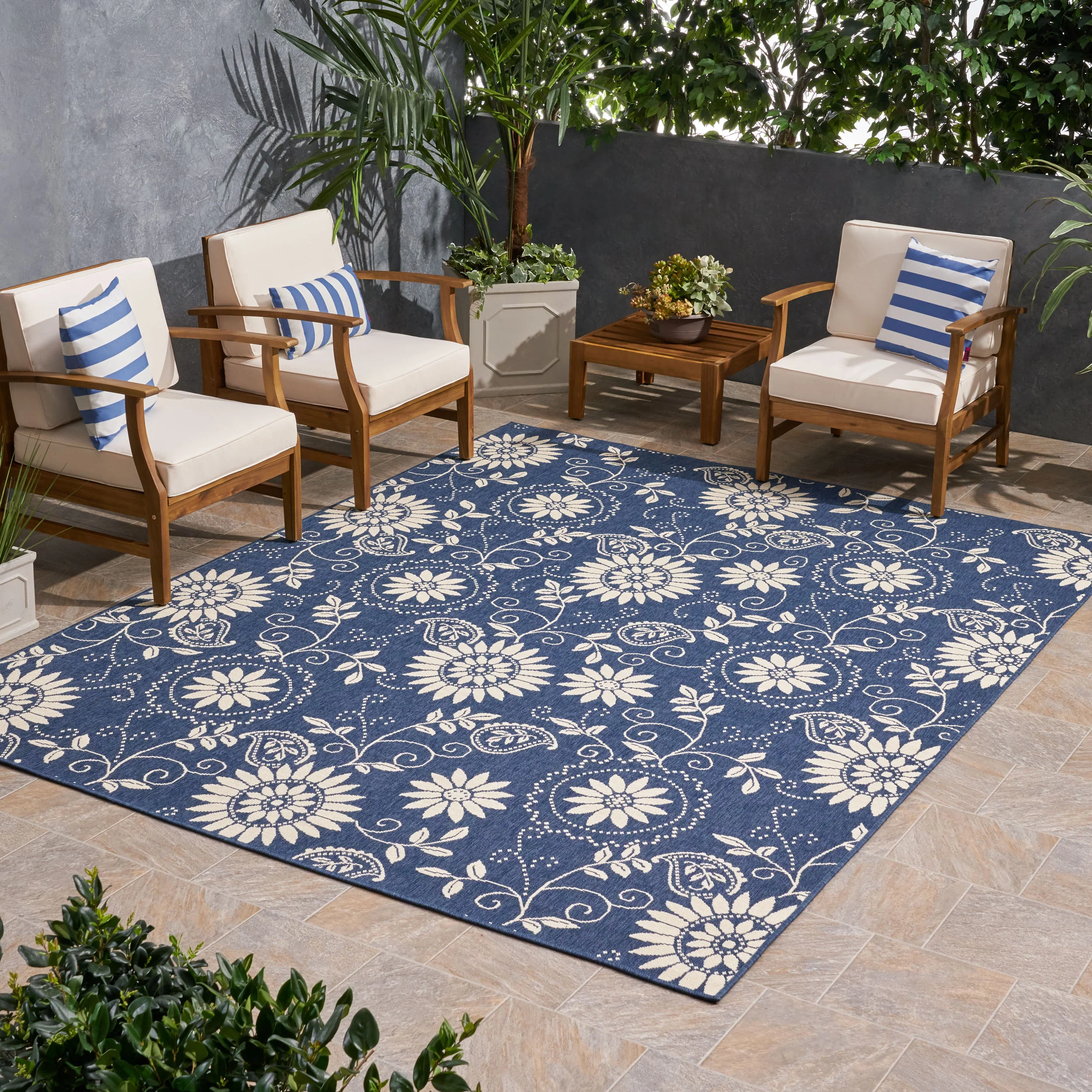 Bubles Outdoor Botanical Area Rug, Blue and Ivory - furnishings