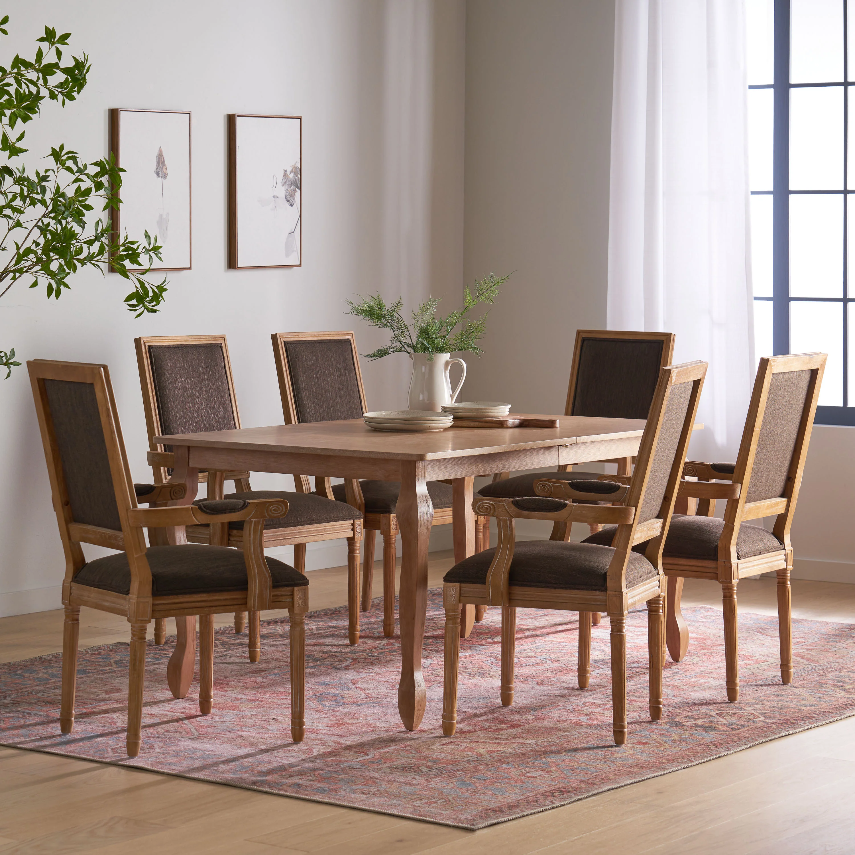 Regan French Country Fabric Upholstered Wood Expandable 7 Piece Dining Set - furnishings