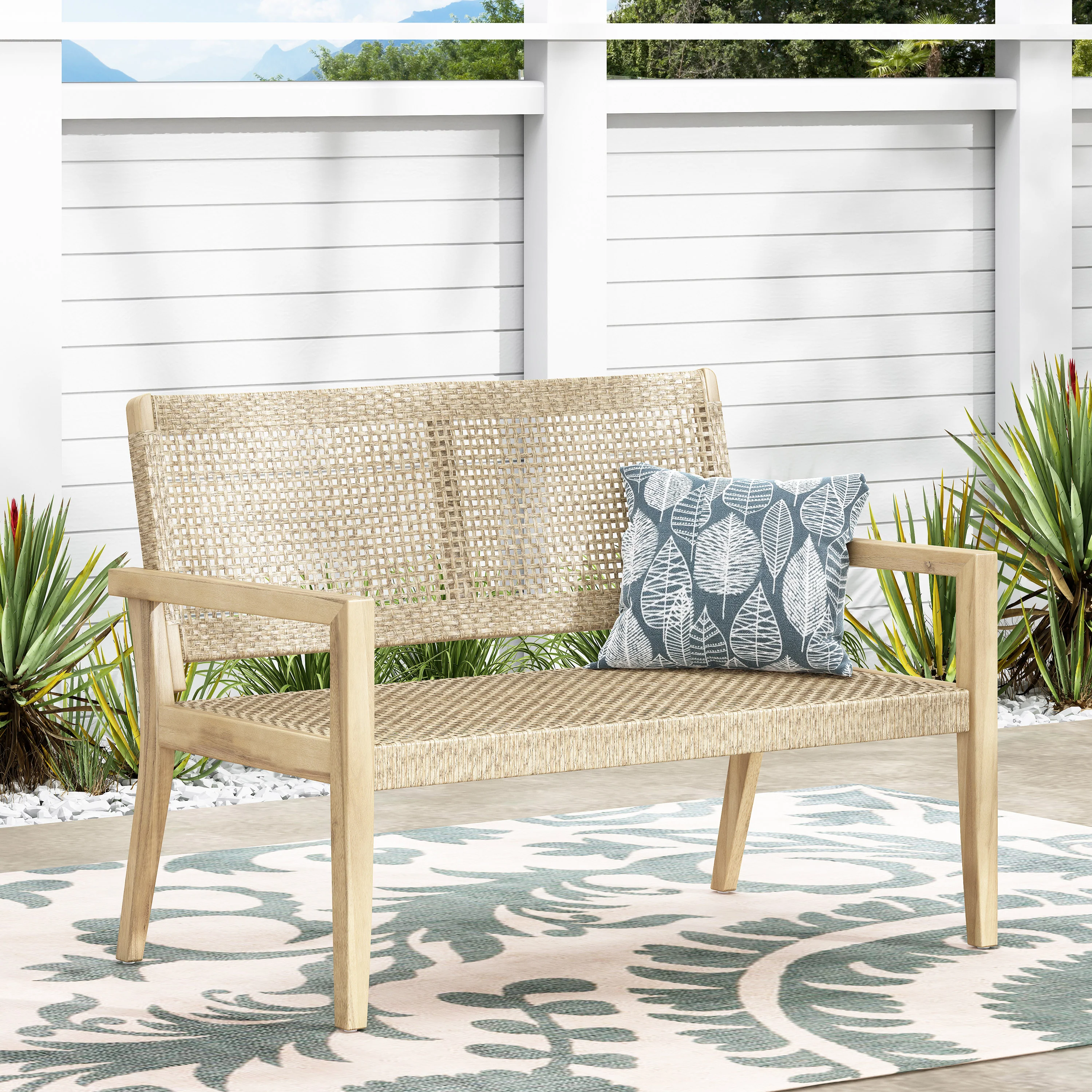 Elmcrest Outdoor Wicker and Acacia Wood Loveseat, Light Multibrown and Light Brown - furnishings
