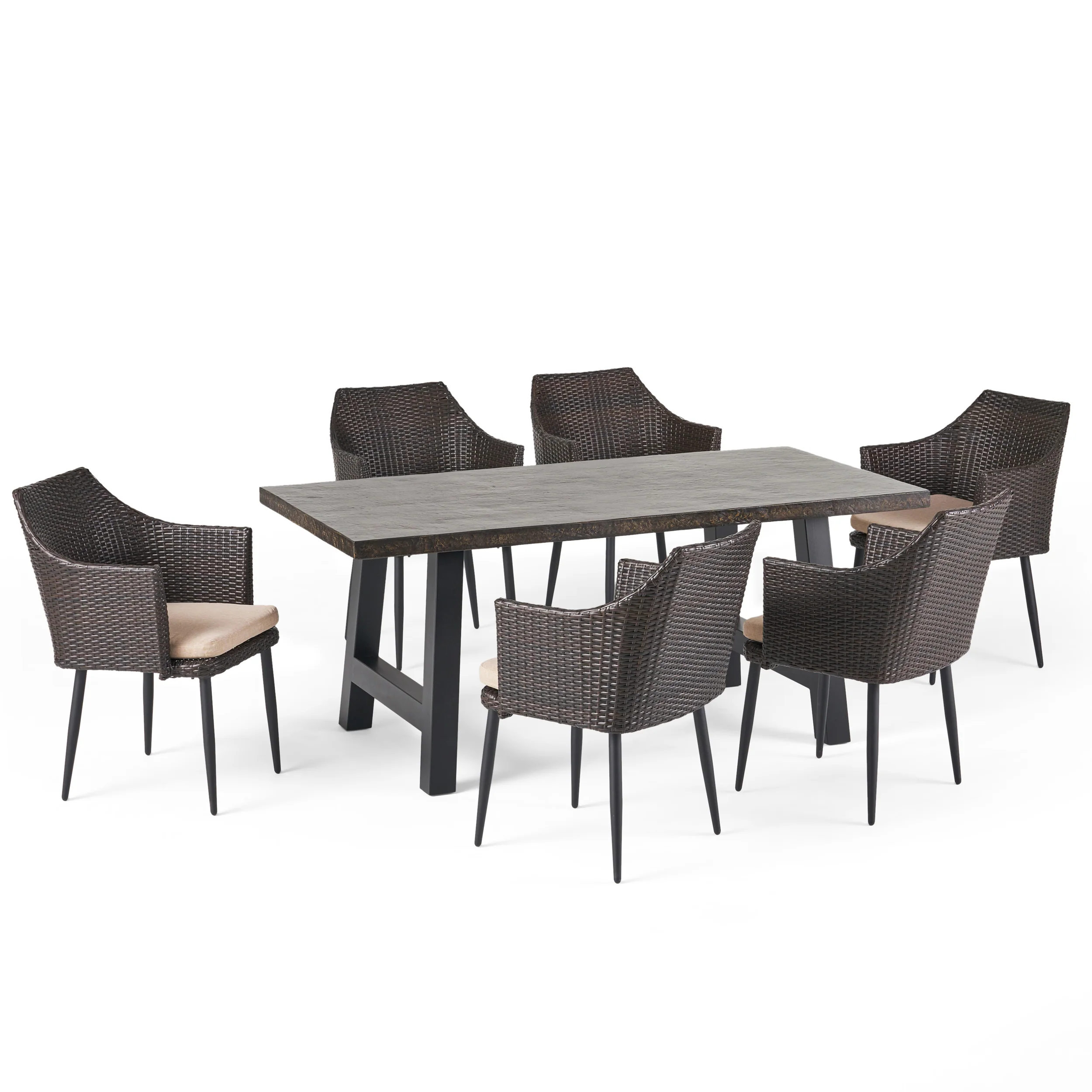 Noah Outdoor 7 Piece Wicker Dining Set with Light Weight Concrete Dining Table - furnishings