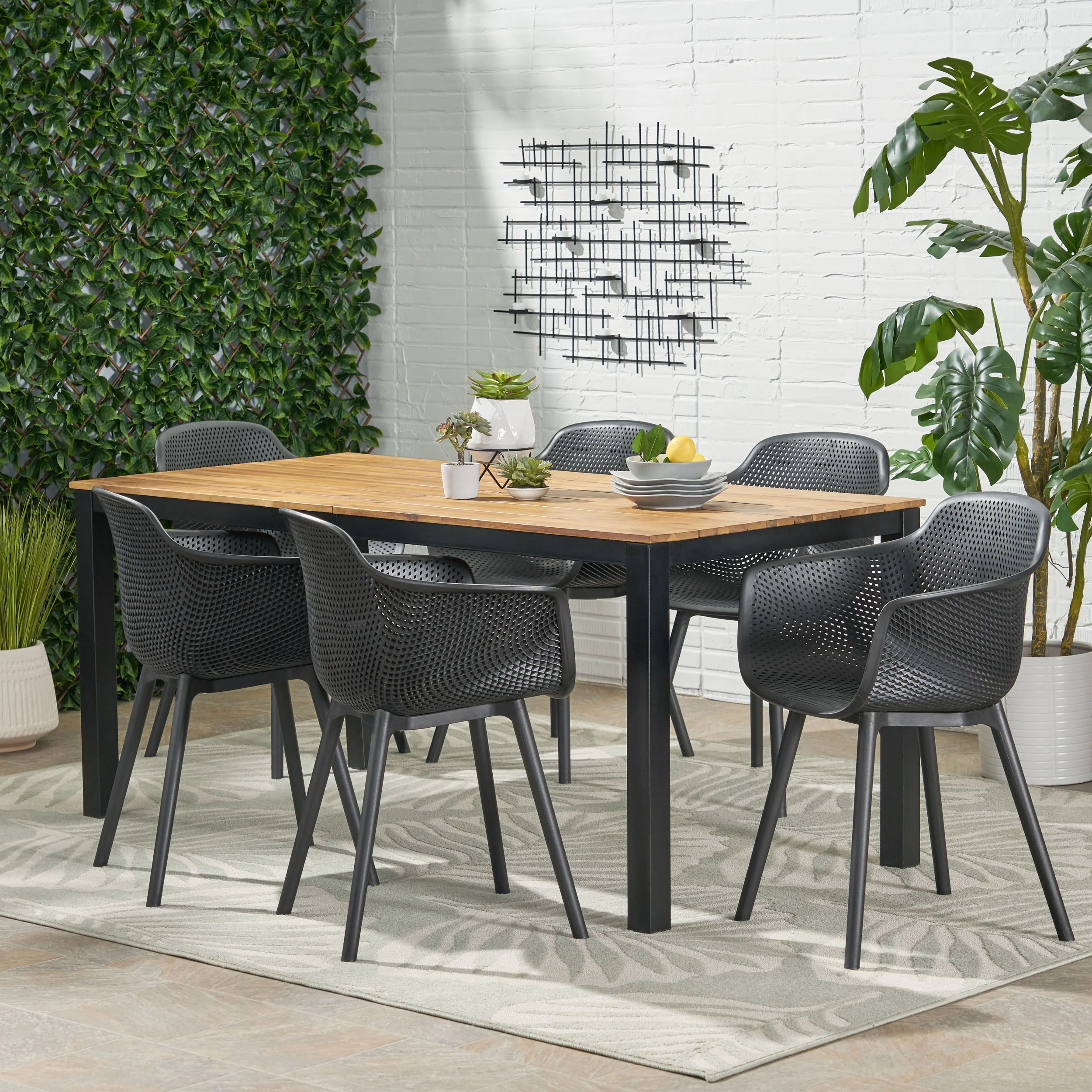 Riviera Outdoor Wood and Resin 7 Piece Dining Set, Black and Teak - furnishings