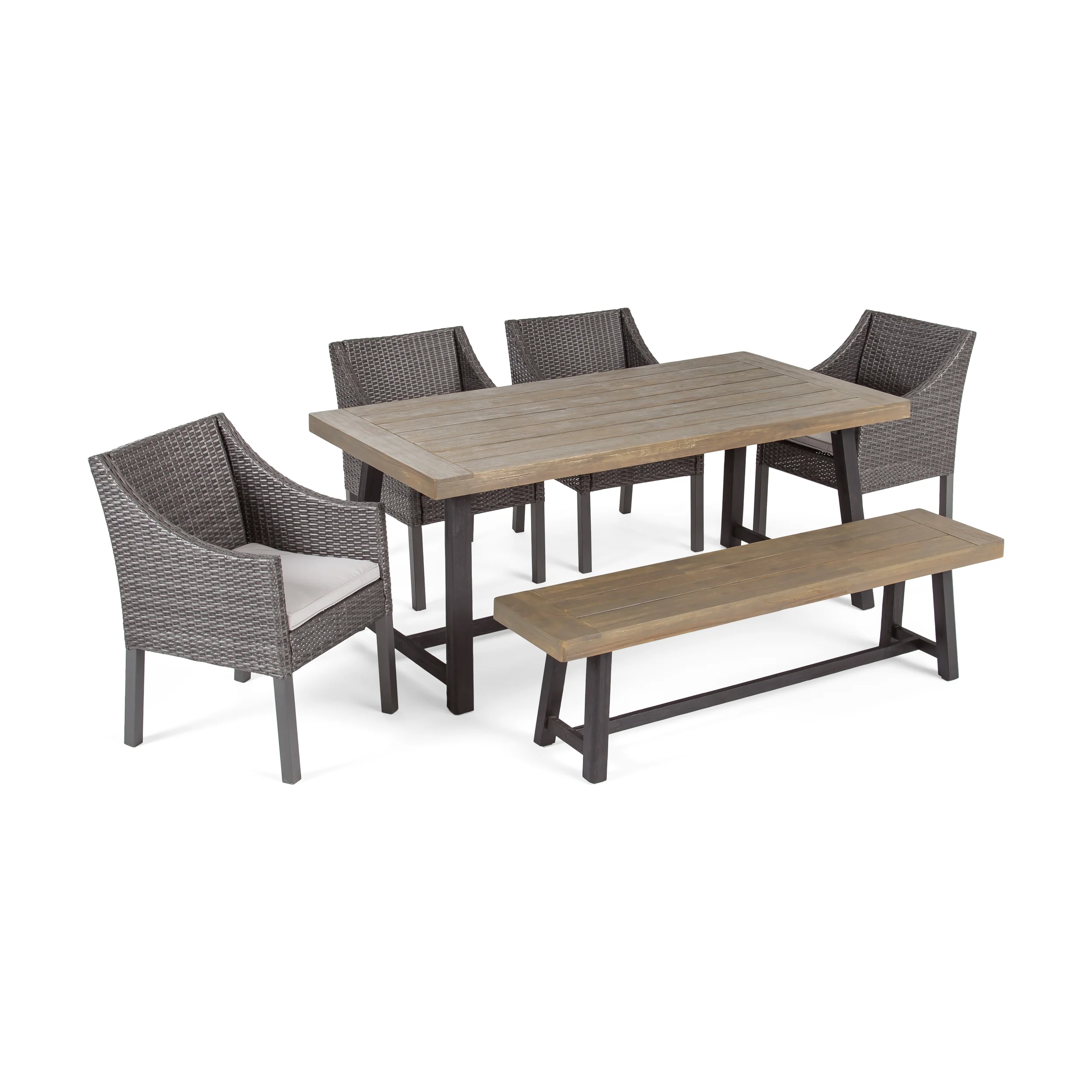 Anniston Outdoor 6 Piece Dining Set with Wicker Chairs and Bench - furnishings