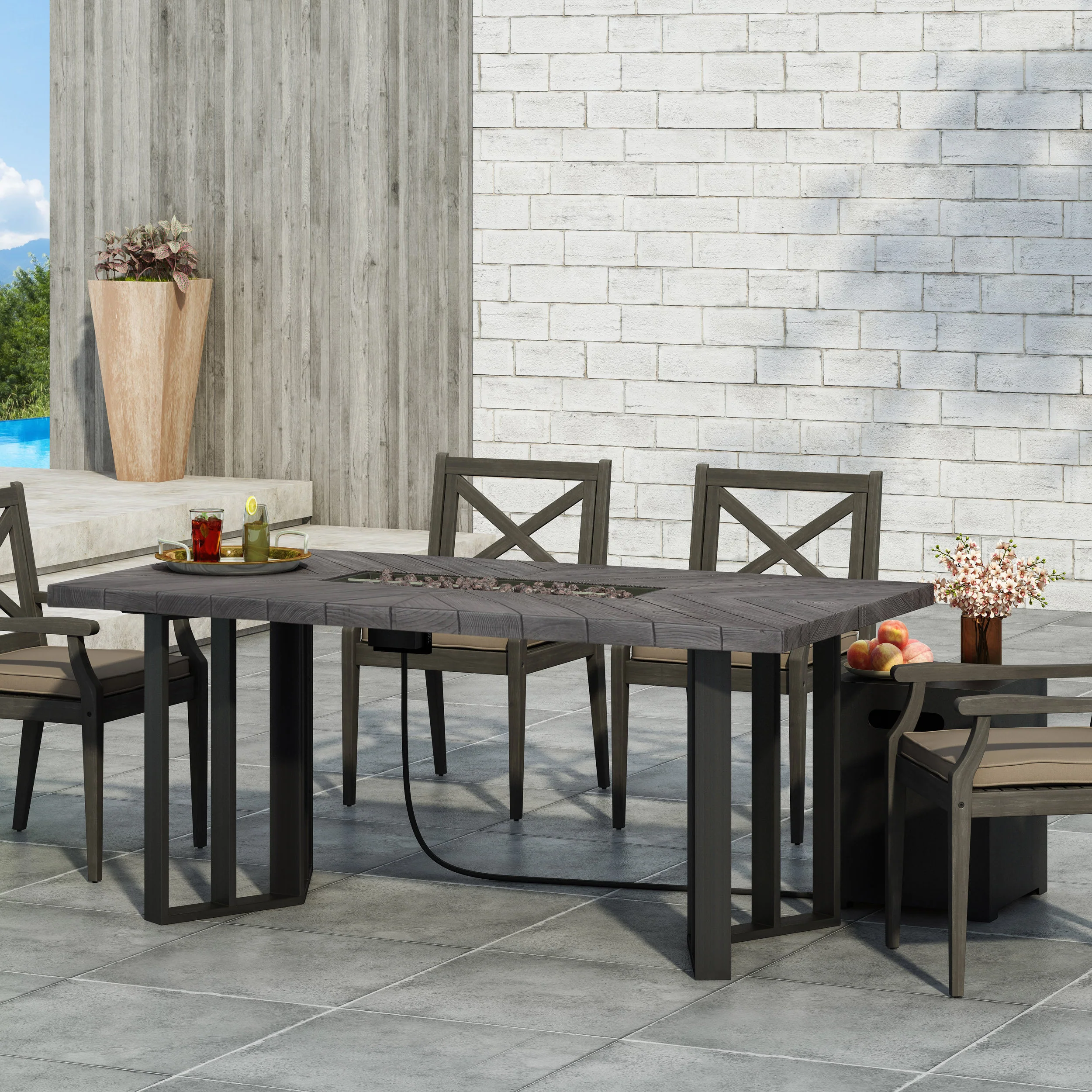 Holdaway Outdoor 40,000 BTU Fire Pit Dining Table with Tank Holder, Textured Gray Oak, Black, and Dark Gray - furnishings
