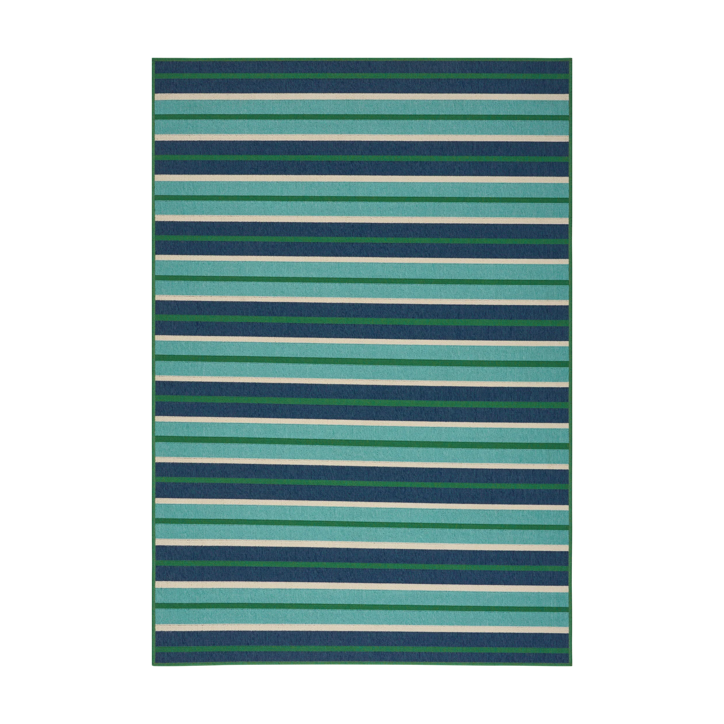 Khaidyn Outdoor Modern Striped Blue and Green Rectangular Area Rug - furnishings