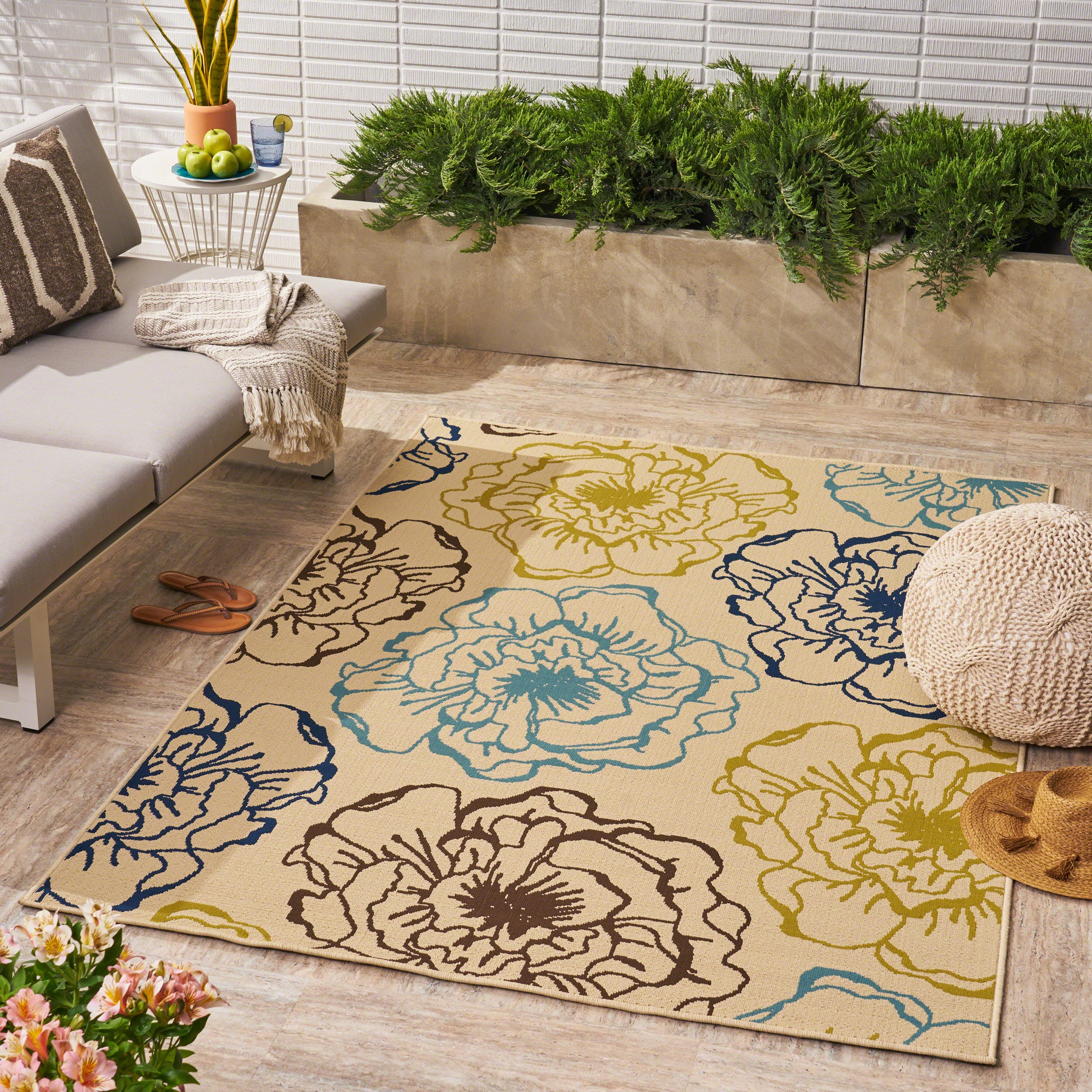 Damaris Outdoor Floral 5 x 8 Area Rug, Ivory and Multicolored - furnishings