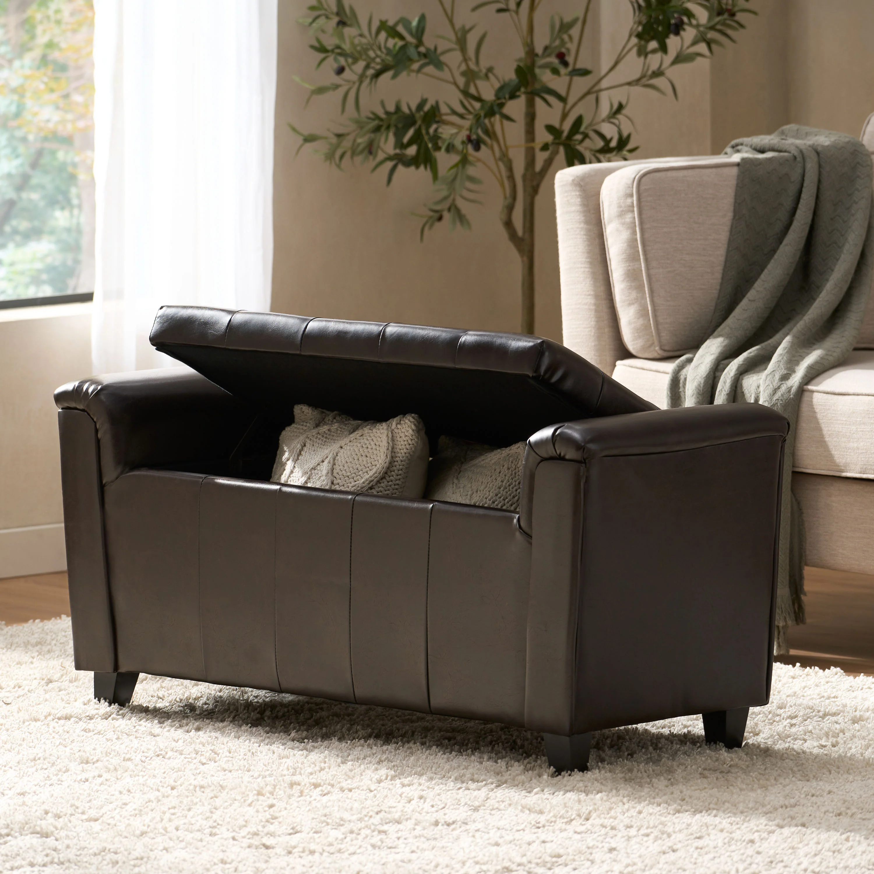 James Brown Tufted Leather Armed Storage Ottoman Bench - furnishings