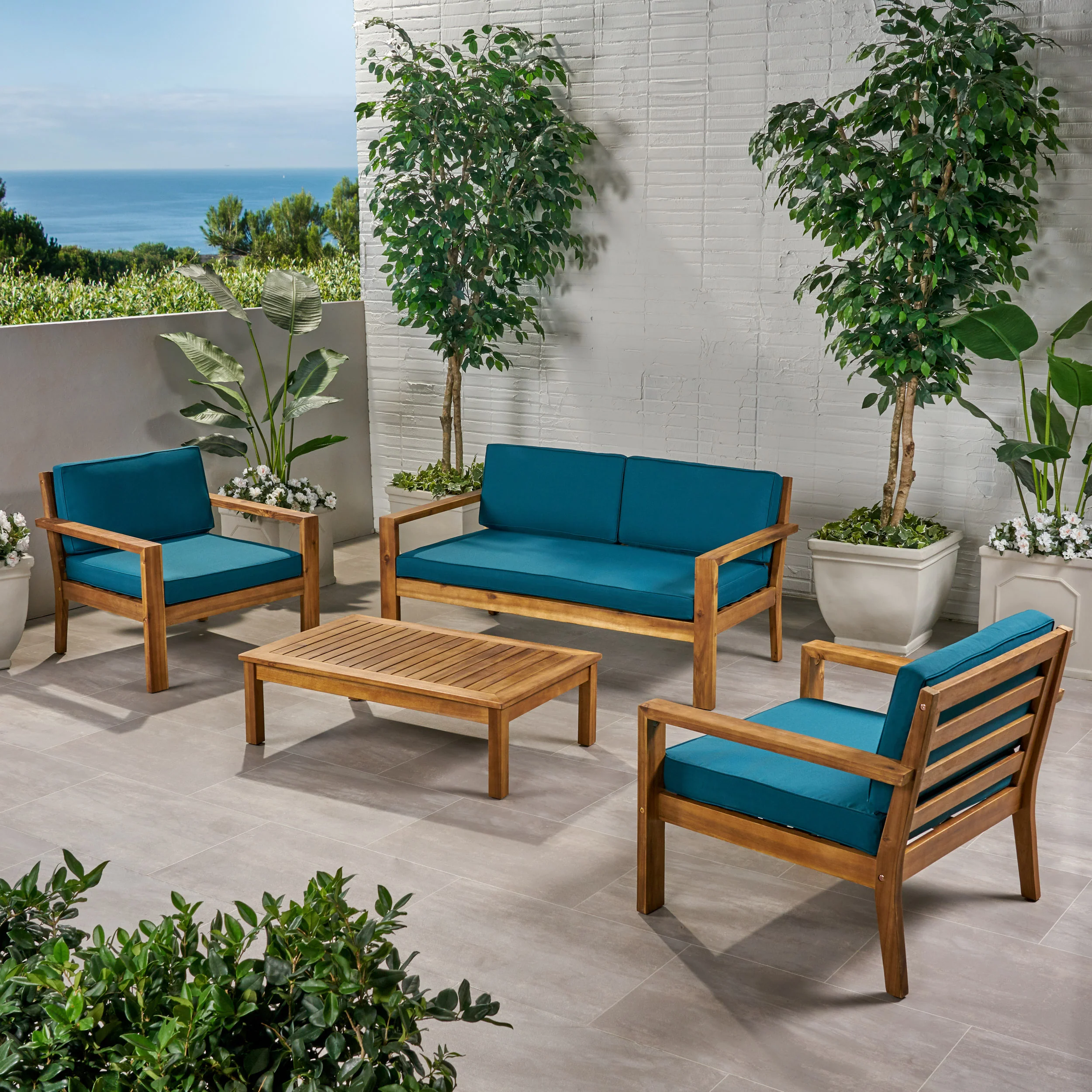 Gloria Outdoor 4 Seater Acacia Wood Chat Set with Cushions - furnishings