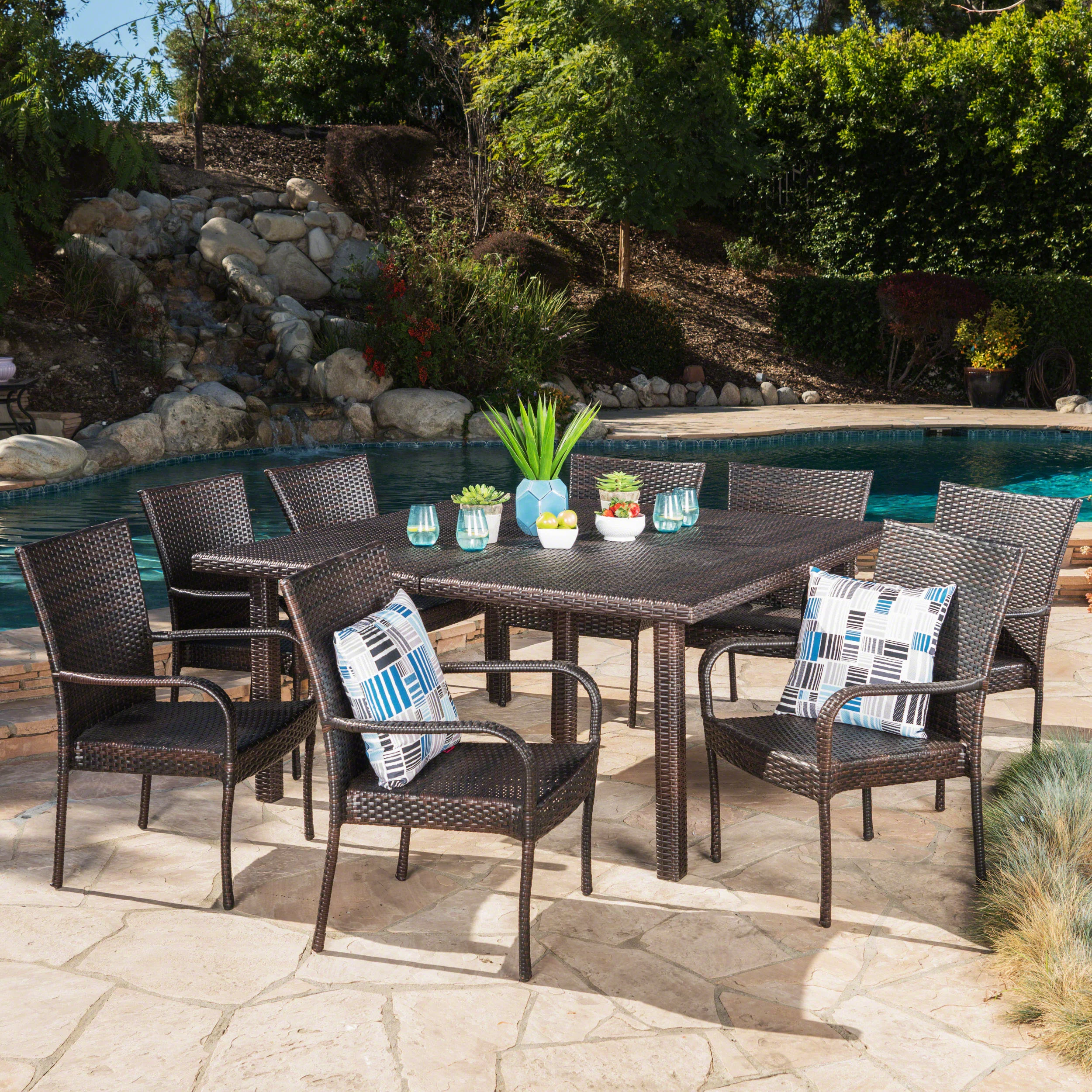 Fern Outdoor 9 Piece Stacking Wicker Square Dining Set - furnishings