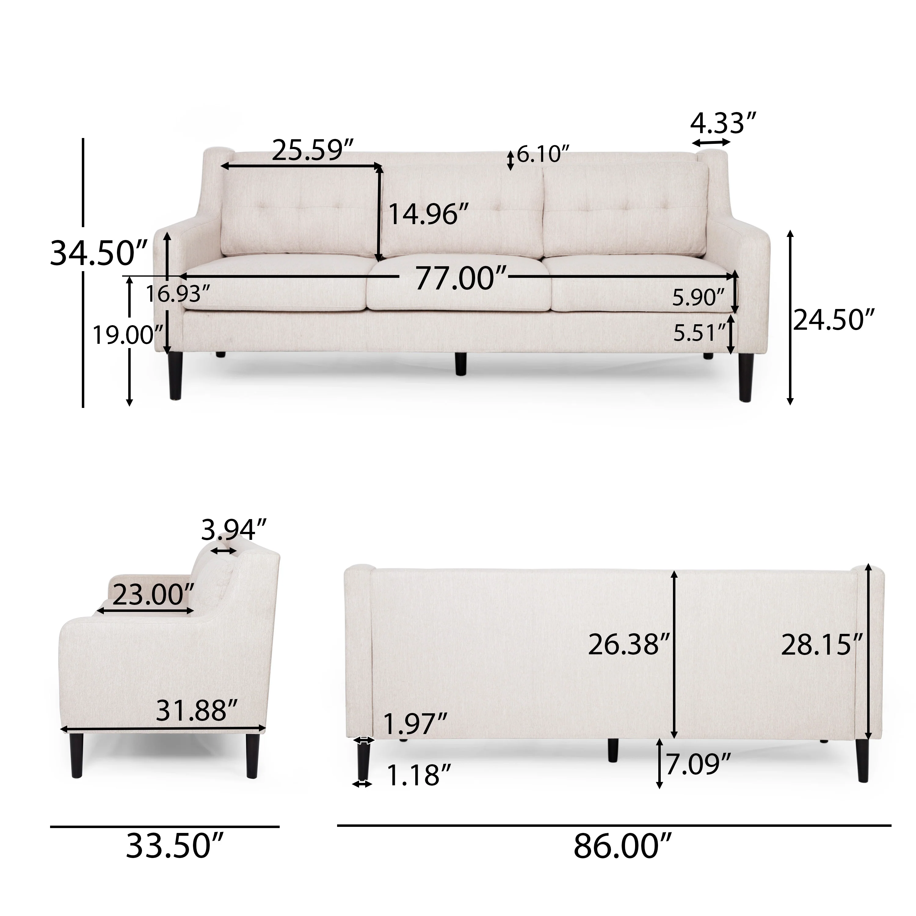 Daelynn Tufted Fabric 3 Seater Sofa - furnishings