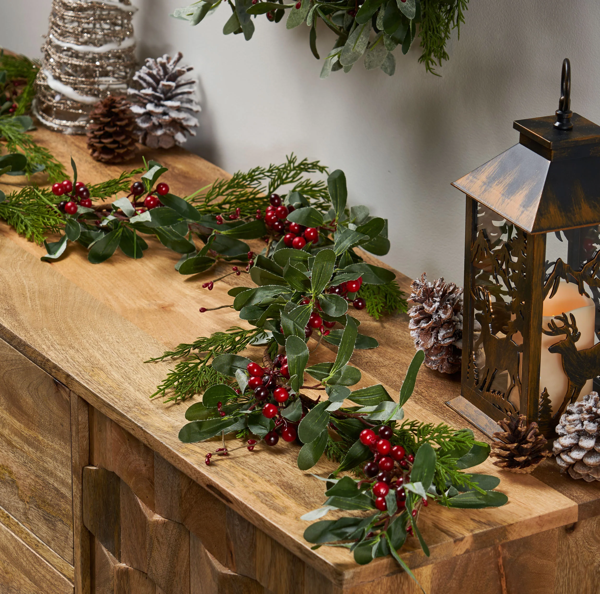 Turin 6-Foot Artificial Olive Leaf Garland with Red Berries - furnishings