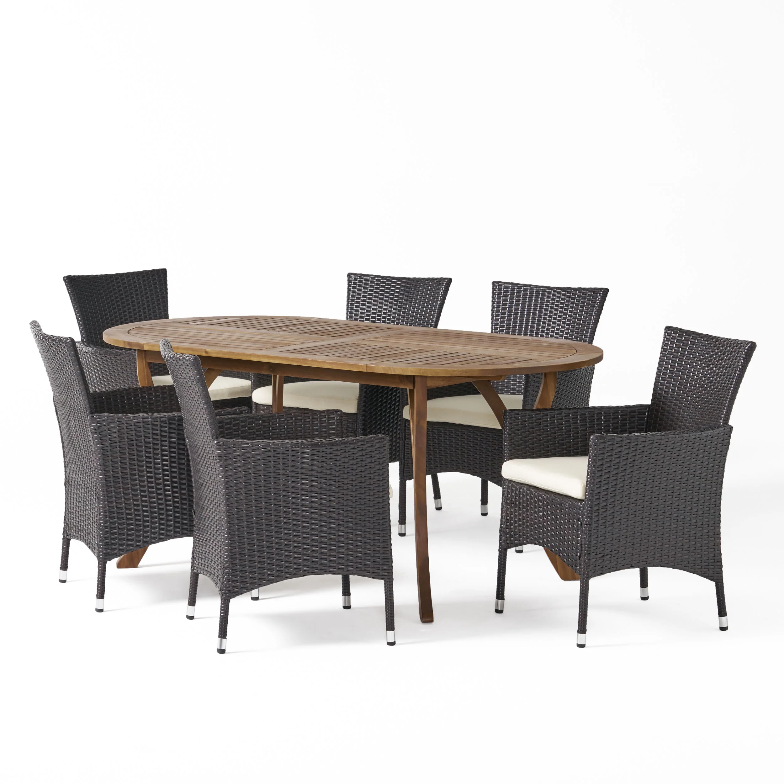 Edna Outdoor 7 Piece Acacia Wood and Wicker Dining Set, Teak with Multi Brown Chairs - furnishings