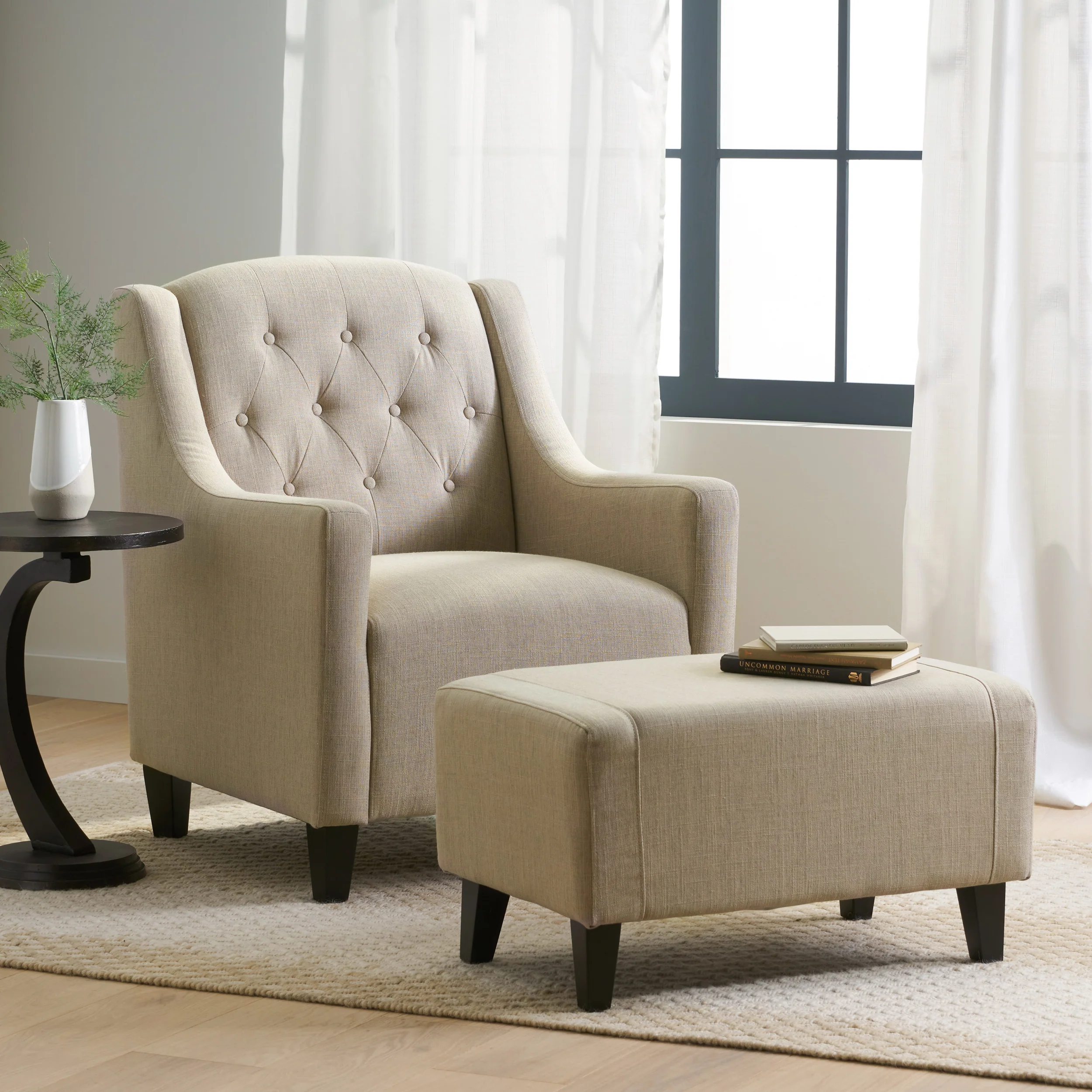 Empierre Tufted Light Beige Fabric Chair and Ottoman - furnishings