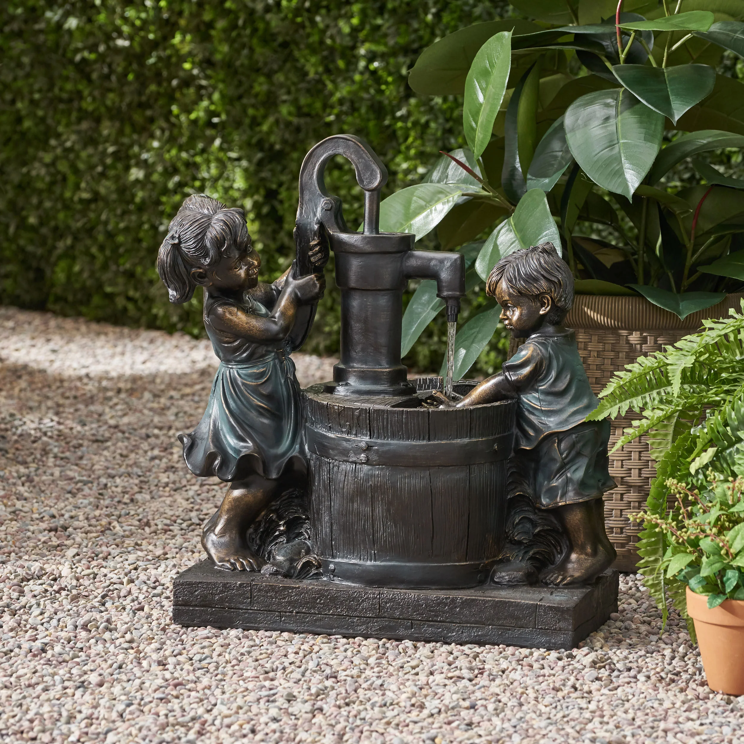 Rayle Outdoor Children at Water Pump Fountain, Dark Brown - furnishings