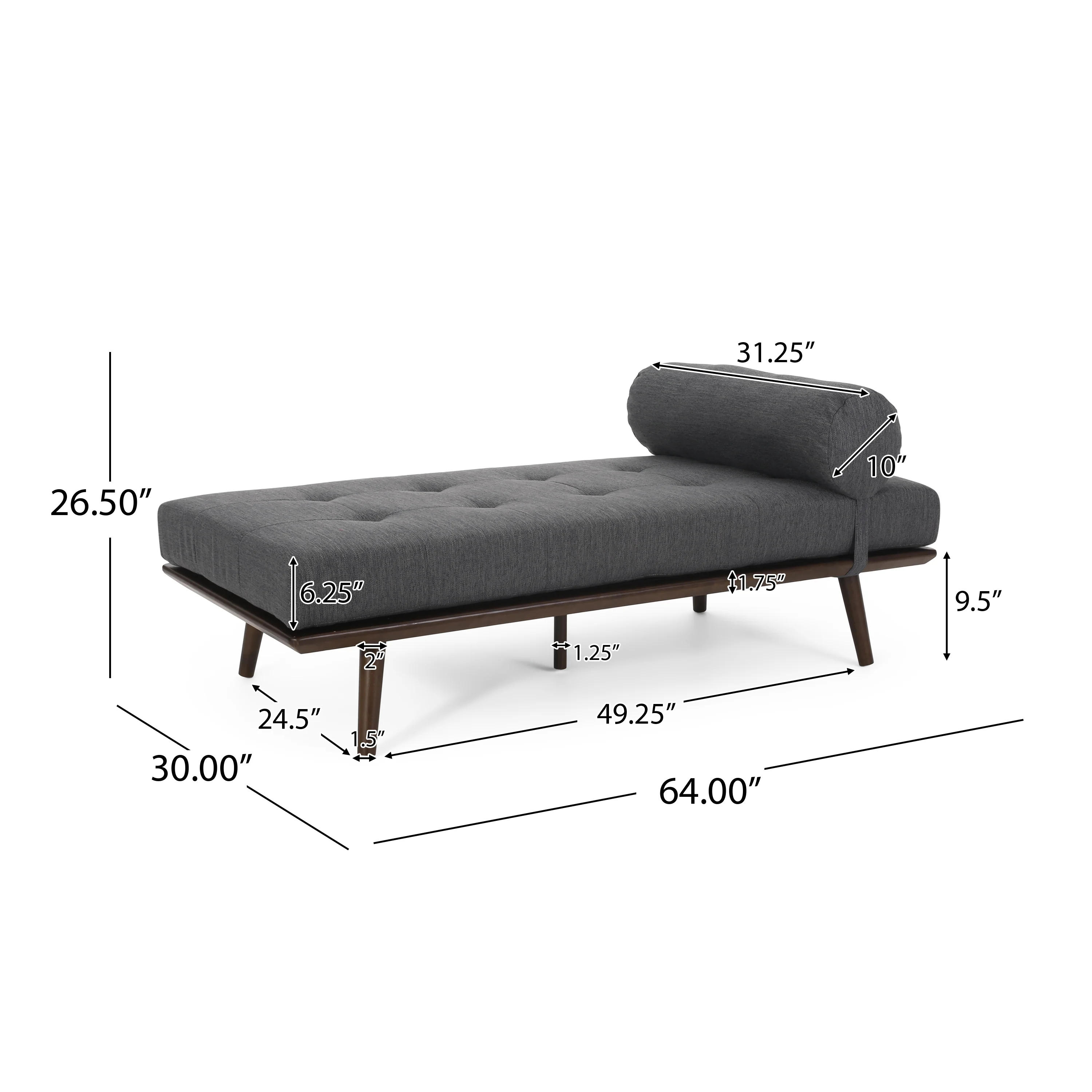 Lancer Mid Century Modern Fabric Tufted Chaise Lounge with Bolster Pillow - furnishings