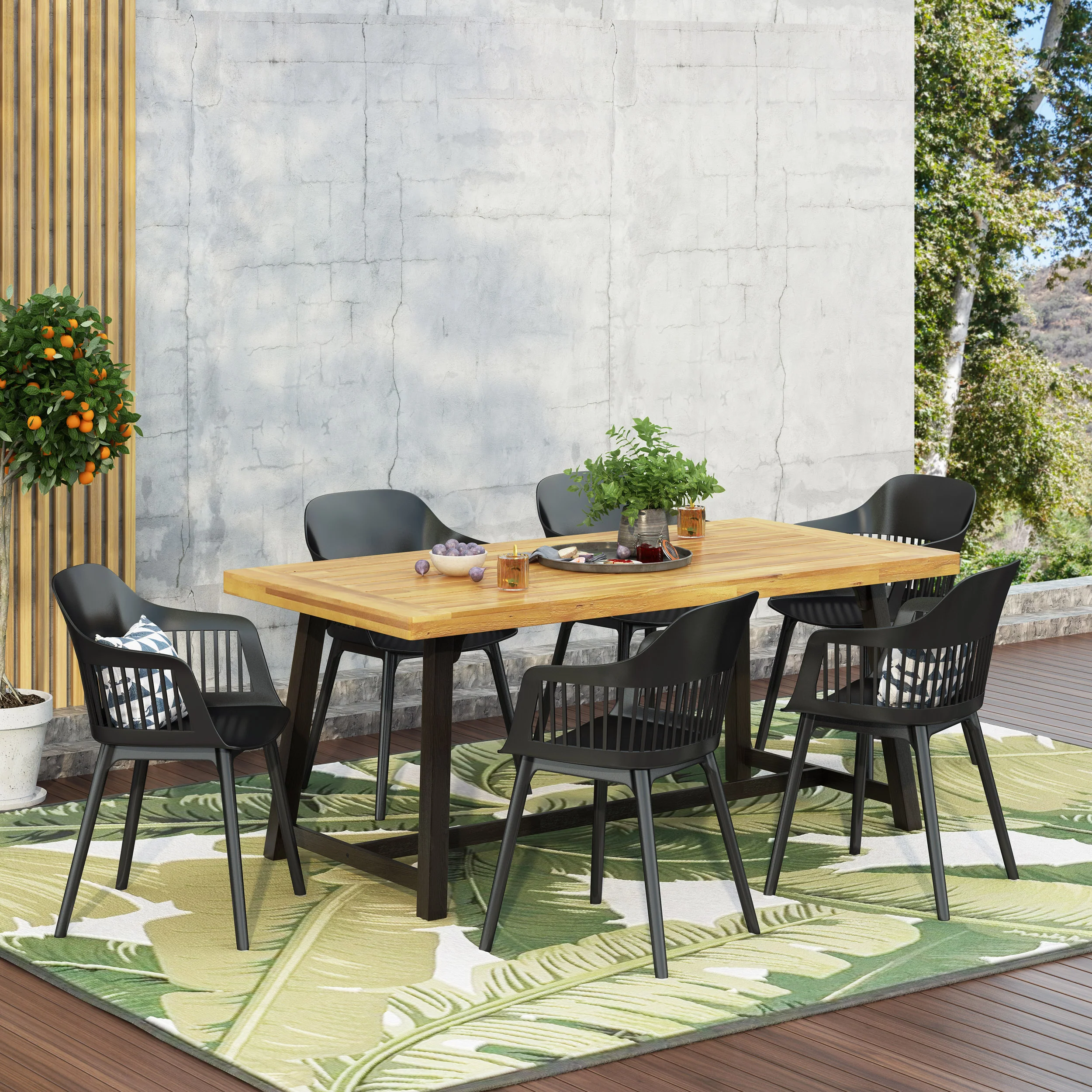 Irene Outdoor Wood and Resin 7 Piece Dining Set, Black and Sandblasted Teak - furnishings